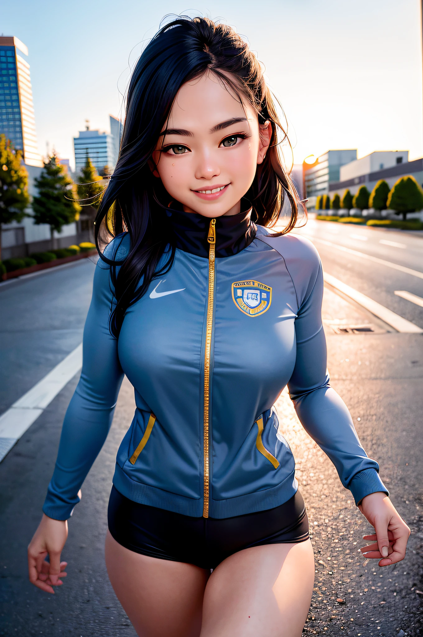 (best quality:1.0), (ultra highres:1.0), selfie, 1 girl, sportswear, grey eyes, detailed beautiful skin, (kind smile:1.0), city, sidewalk, golden hour