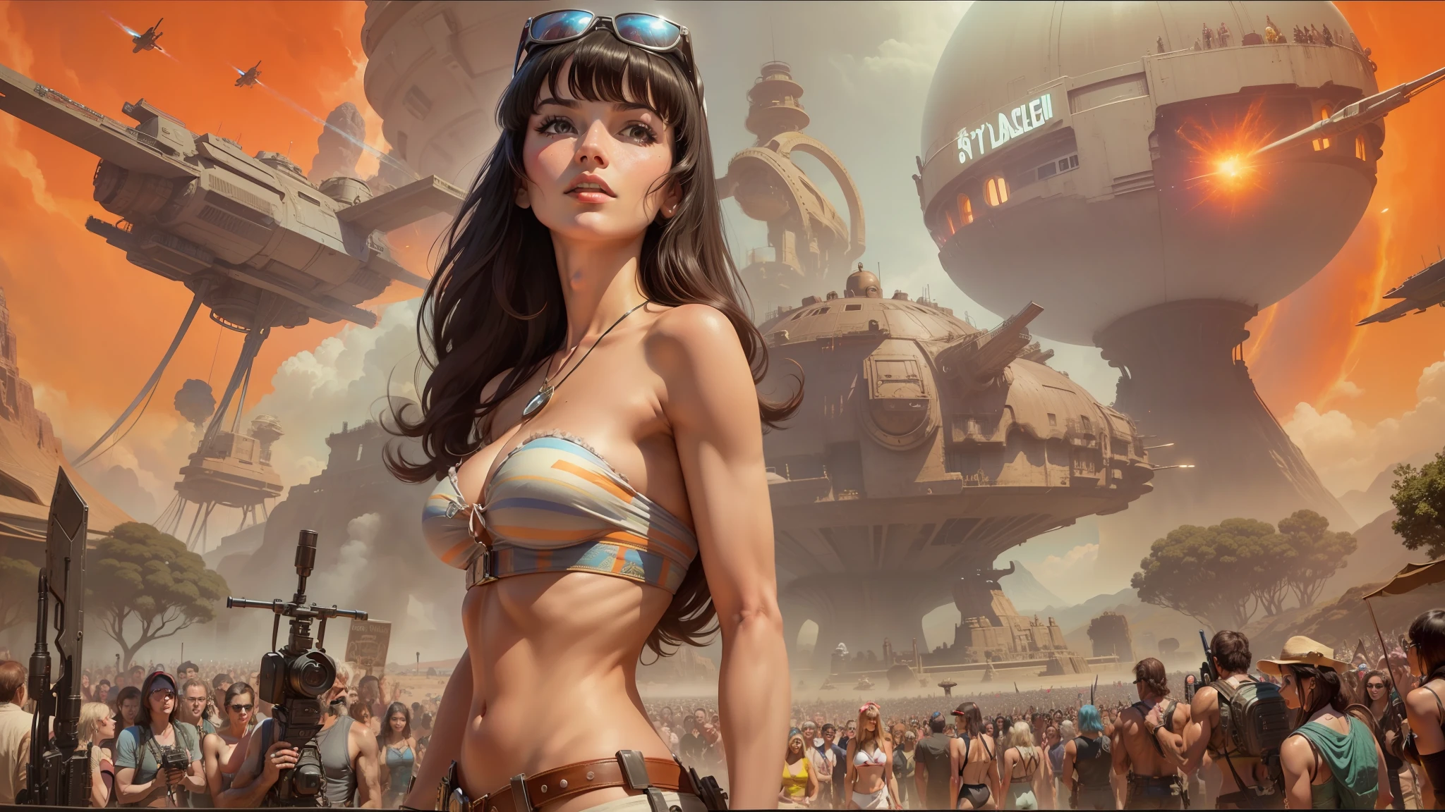 arafed image of a woman in a bikini top standing in front of a large group of people, vintage sci - fi art, youtube thumbnail, heavy metal the movie, star child, by Jason A. Engle, psychedelia, protagonist in foreground, planet of the cats, key art, stephen hickman, 70s progressive rock logo, betty page fringe --auto --s2