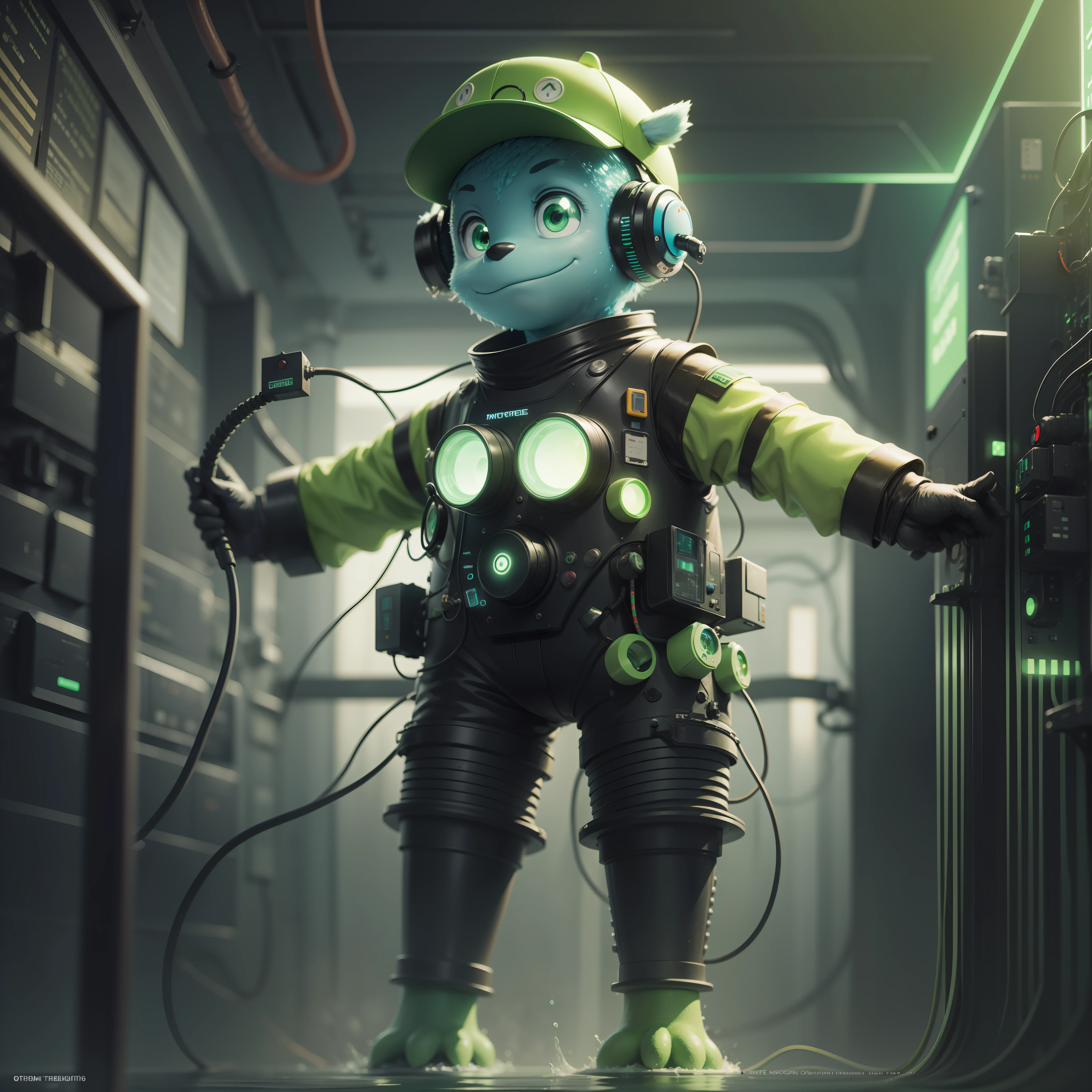 A little water green monster, telecom engineer, charismatic, kind, friendly, positive and playful, monitoring a fiber optic network, futuristic and colorful background, high quality image