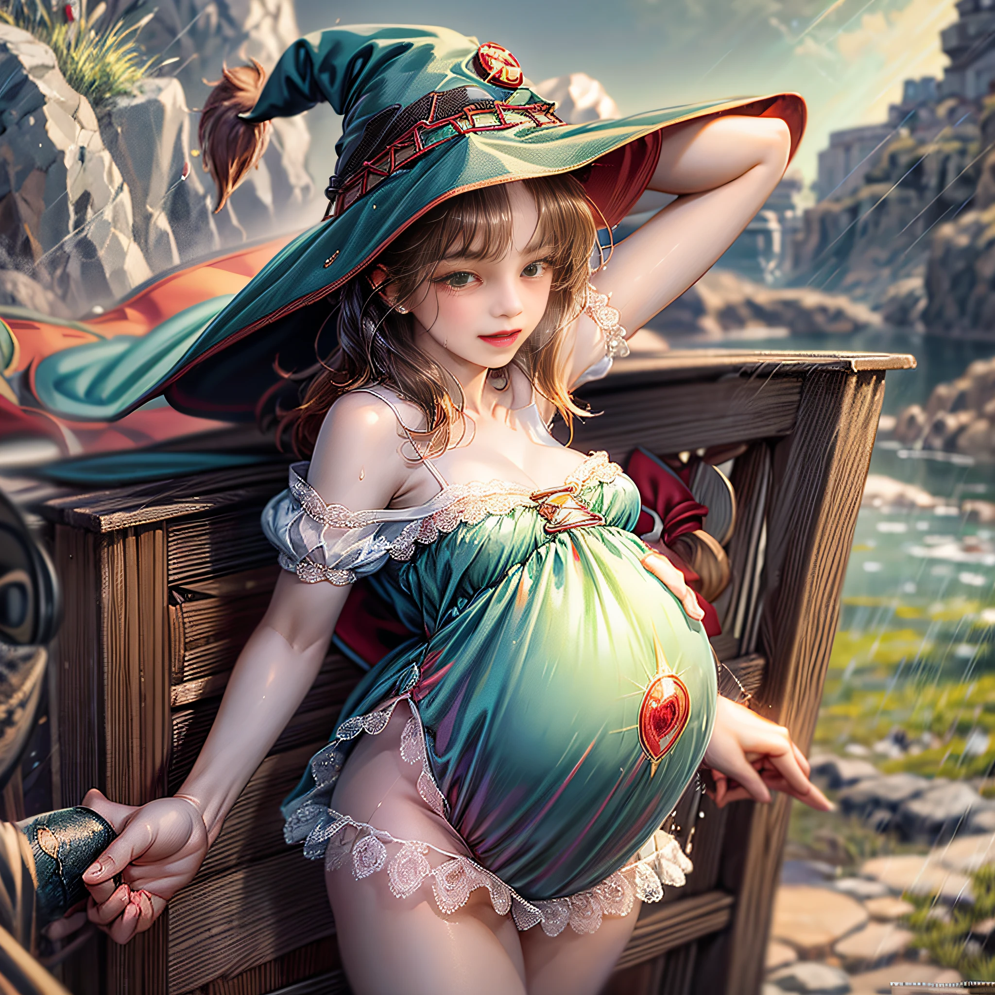 picture, 1 girl, solo, short sleeve, green eyes, looking at viewer, (crying), simple background, heart 1girl,steam, thong, (megumin), witch hat, red dress, magic wand,pregnant woman, tense underwear, white underwear, excited face, wet skin, face asking for help, full body portrait --auto --s2