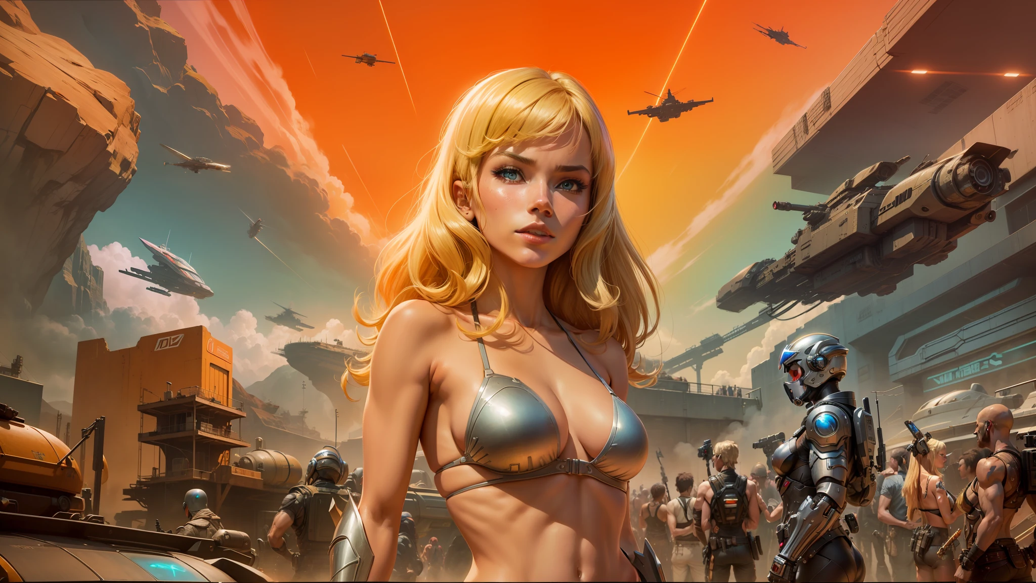 a close up of a woman in a bikini top and a sci - fio, 7 0 s sci - fi art, featured on art station, a sexy blonde warrior, cinemascope, as a retrofuturistic heroine, anime movie screenshot, young blonde woman, the singularity, cyborg noble woman, widescreen, color 1970, anno 2070 --auto --s2