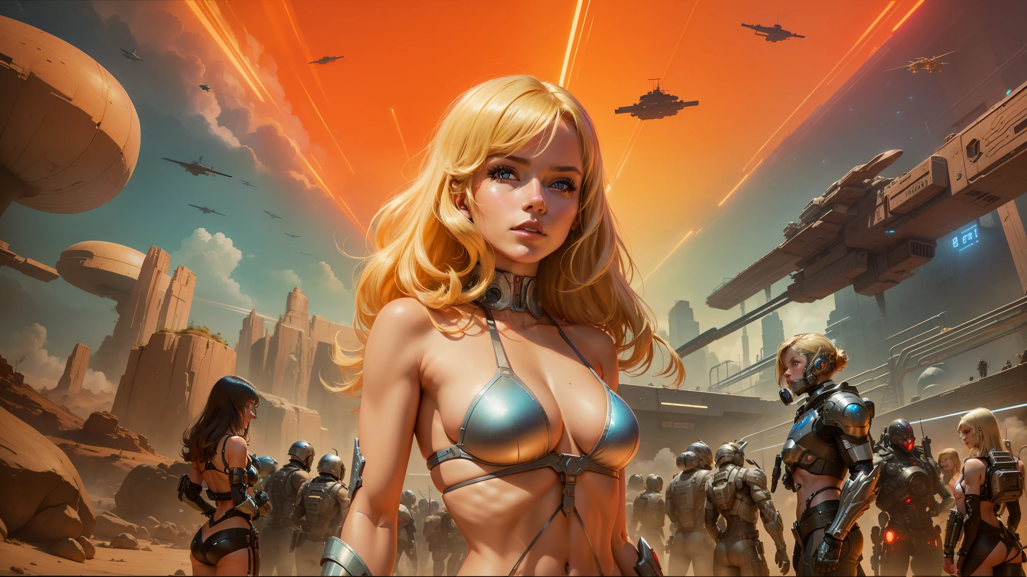 a close up of a woman in a bikini top and a sci - fio, 7 0 s sci - fi art, featured on art station, a sexy blonde warrior, cinemascope, as a retrofuturistic heroine, anime movie screenshot, young blonde woman, the singularity, cyborg noble woman, widescreen, color 1970, anno 2070 --auto --s2