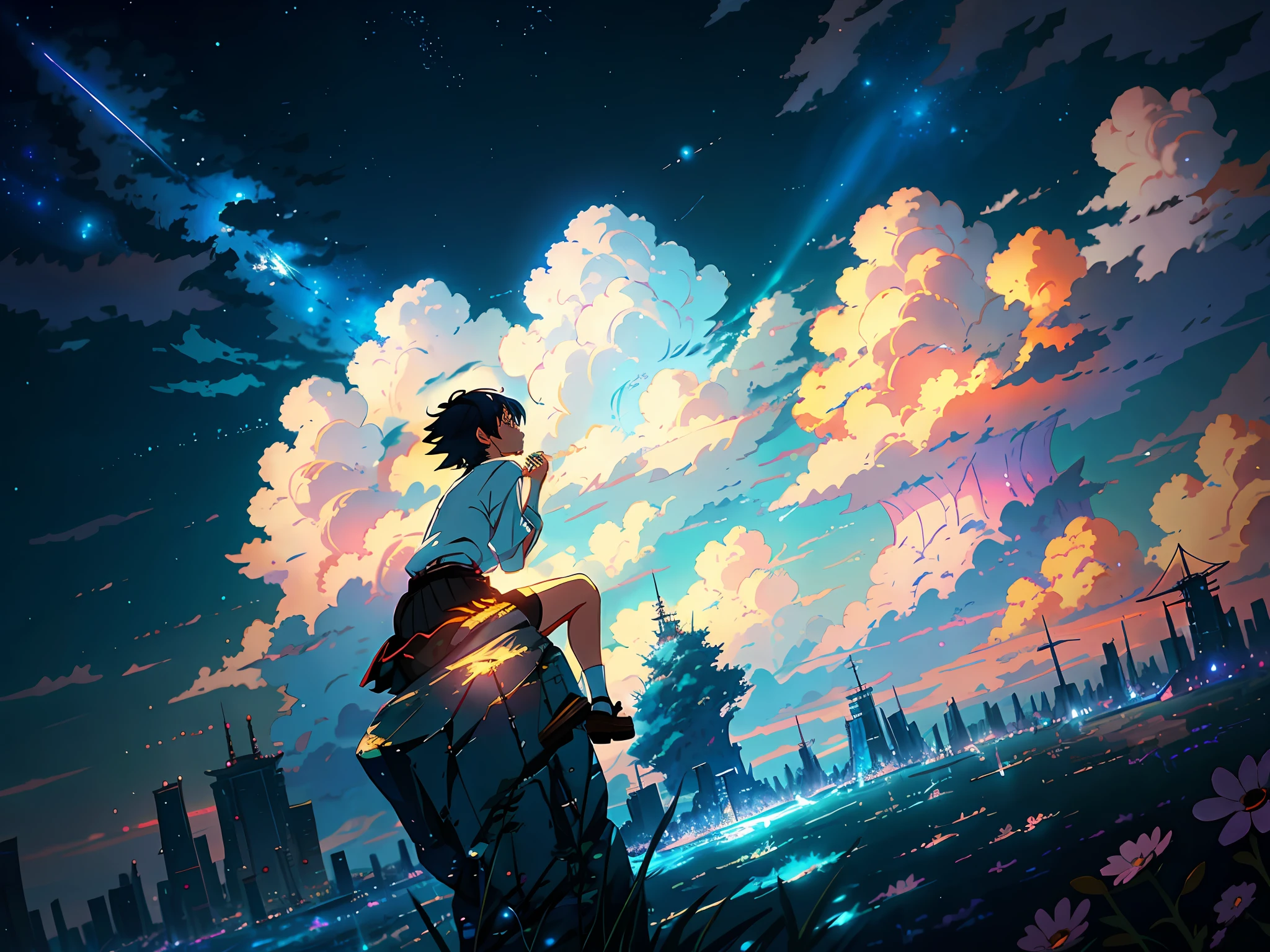 anime girl sitting on a rock looking at the sky,a sky piercing tower far far away, shooting stars, makoto shinkai cyril rolando, anime art wallpaper 4 k, anime art wallpaper 4k, cyril rolando and goro fujita, anime art wallpaper 8 k, 4k anime wallpaper, anime wallpaper 4 k, anime wallpaper 4k, ( ( makoto shinkai ) ), makoto shinkai!