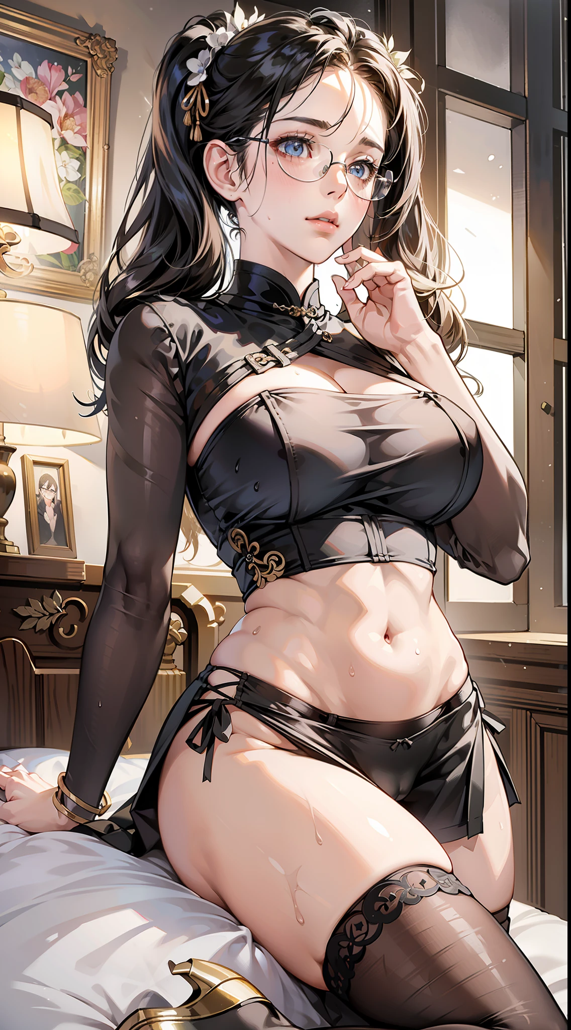 masterpiece, best quality, realistic, photorealistic, great lighting, ultra-detailed, dynamic angle, perfect face, (bright lighting:1.2),beautiful detailed eyes, extremely detailed face, perfect lighting,

1girl, black twintail hair, glasses,

qipao dress, stockings, high-heeled shoes, ((black panties, cameltoe)),

Composition looking up from below, room, bed, M leg, lift up one's skirt, 

sweaty, wet body, navel out, thighs out, buttocks, large breast, slim, slender, translucent body, Transparent, Embarrassed expression, blush,