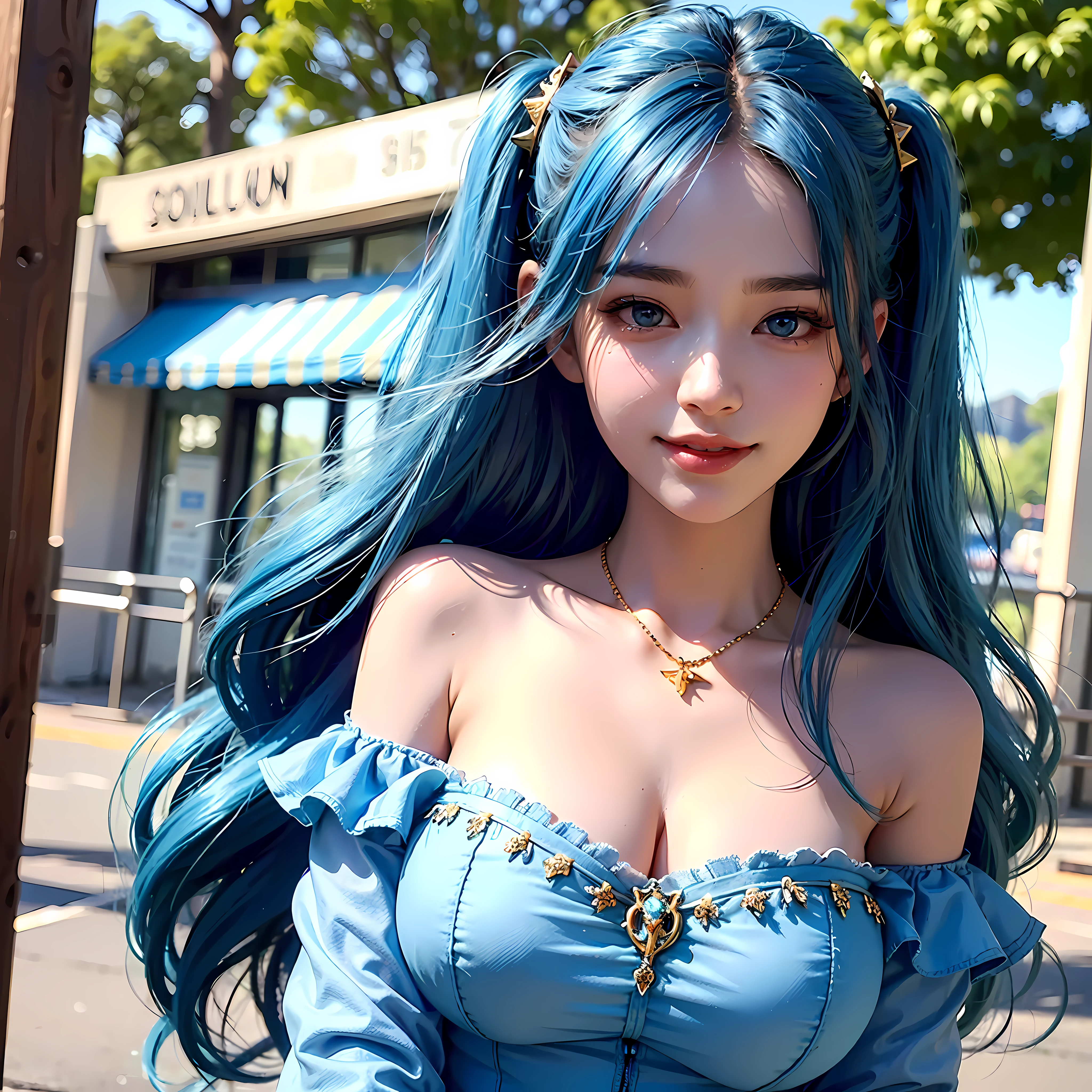 unparalleled masterpiece, ultra realistic 8k CG, perfect artwork, ((perfect female figure)),1girl, (ulzzang-6500:1), kpop idol, best quality, (looking at viewer:2),game cg,\nblurry background,outdoors,((( large breast,upper body,smile))) Sona \\(league of legends\\), blue hair, blue eyes, gradient hair, collarbone, twintails, hair ornament, long hair, blue dress, breasts, close-up, portrait,hair ornament,necklace, jewelry,gold trim on clothes,Beautiful face,