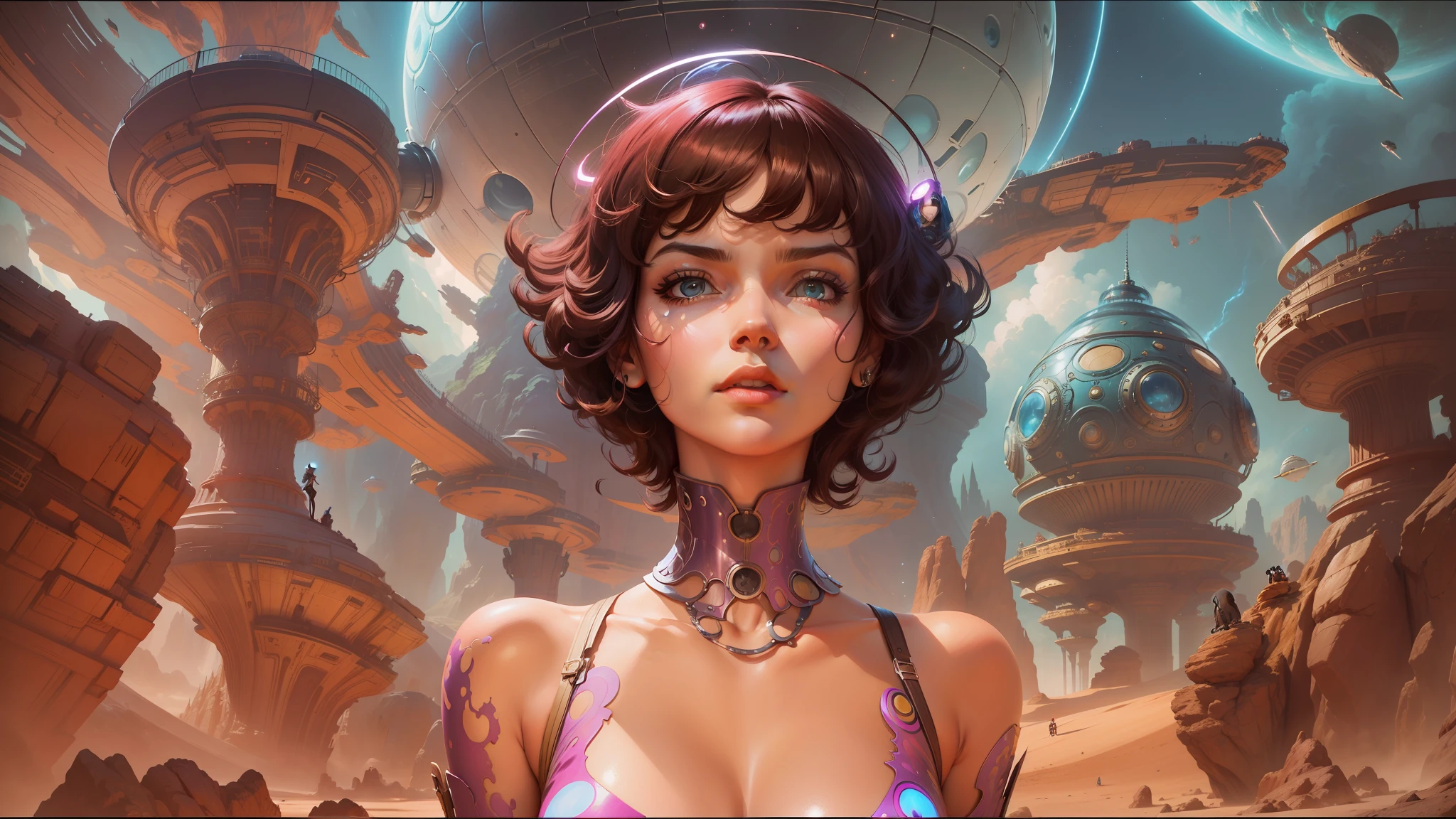 arafed image of a woman with a futuristic head and a futuristic background, boris vallejo and ilya kuvshinov, protagonist in foreground, ' ramona flowers ', james jean marc simonetti, yoshitakka amano karol bak, cinemascope panorama, cosmic girl, [ scifi --auto --s2