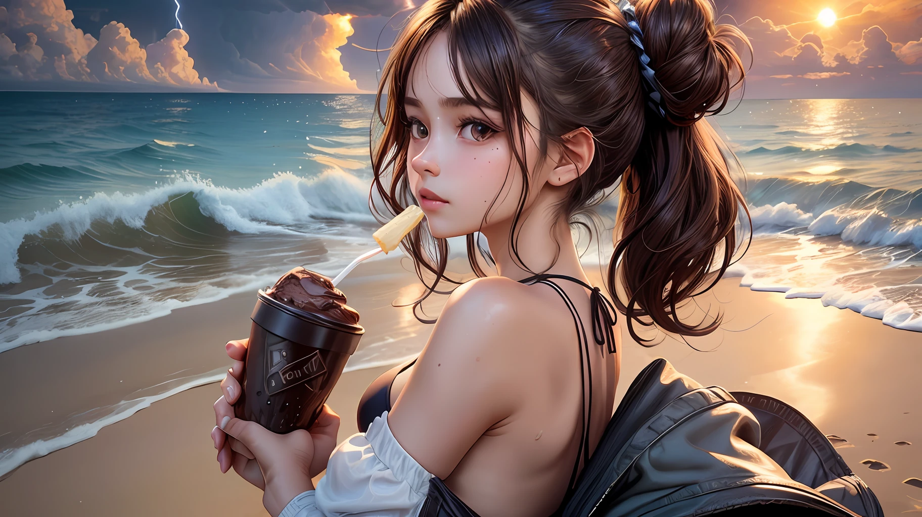 Dark-brown hair, 1girl, pretty face, single small mole, big_breasted, messy bun hair, shiny sweaty skin, holding ice cream, bikini, in the beach, crowded, sunset, natural lightning, side view, Surrealism, cowboy shot, 8k, super detail, ray traced