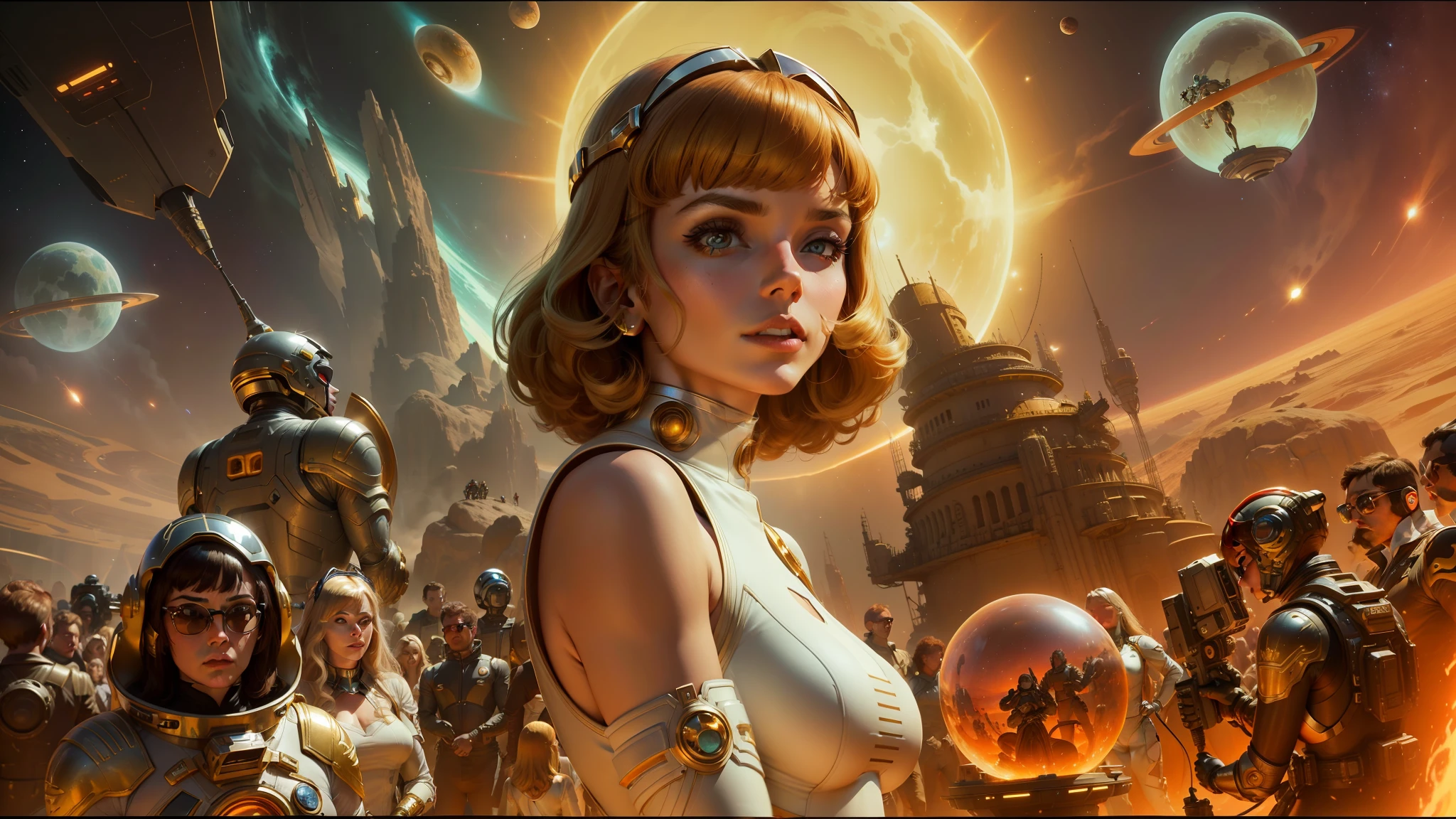 arafed image of a woman in a futuristic space suit with a group of people, cinemascope panorama, by Tom Lovell, cosmic girl, golden halo behind her head, barbarella, musk ( 2 0 2 4 ), velma, anamorphic illustration, matte drawing --auto --s2