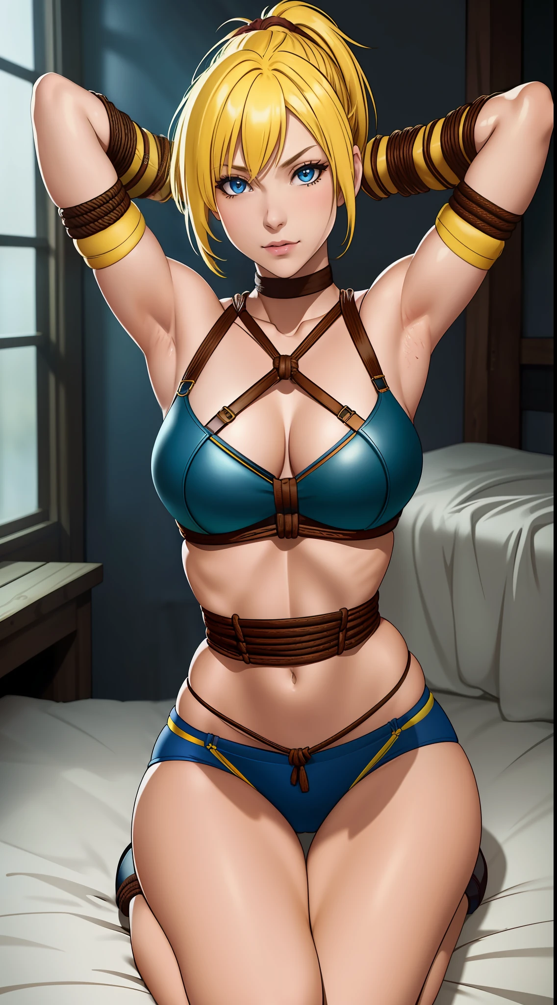 Rikku, (yellow hair, messy ponytail and bangs, blue eyes, flat chest), wearing tight sexy bra and panties, fingerless gloves, shoulders showing, looking at viewer, lewd, sexy, masterpiece, best quality, 8k, sharp focus, depth of field, best shadows, perfect lights, HDR, realistic skin texture, detailed, hyper detailed background, anime style, wideshot, Arms up (armpit), fantasy bedroom, (lying in bed), (((restraint, shibari, bdsm)))