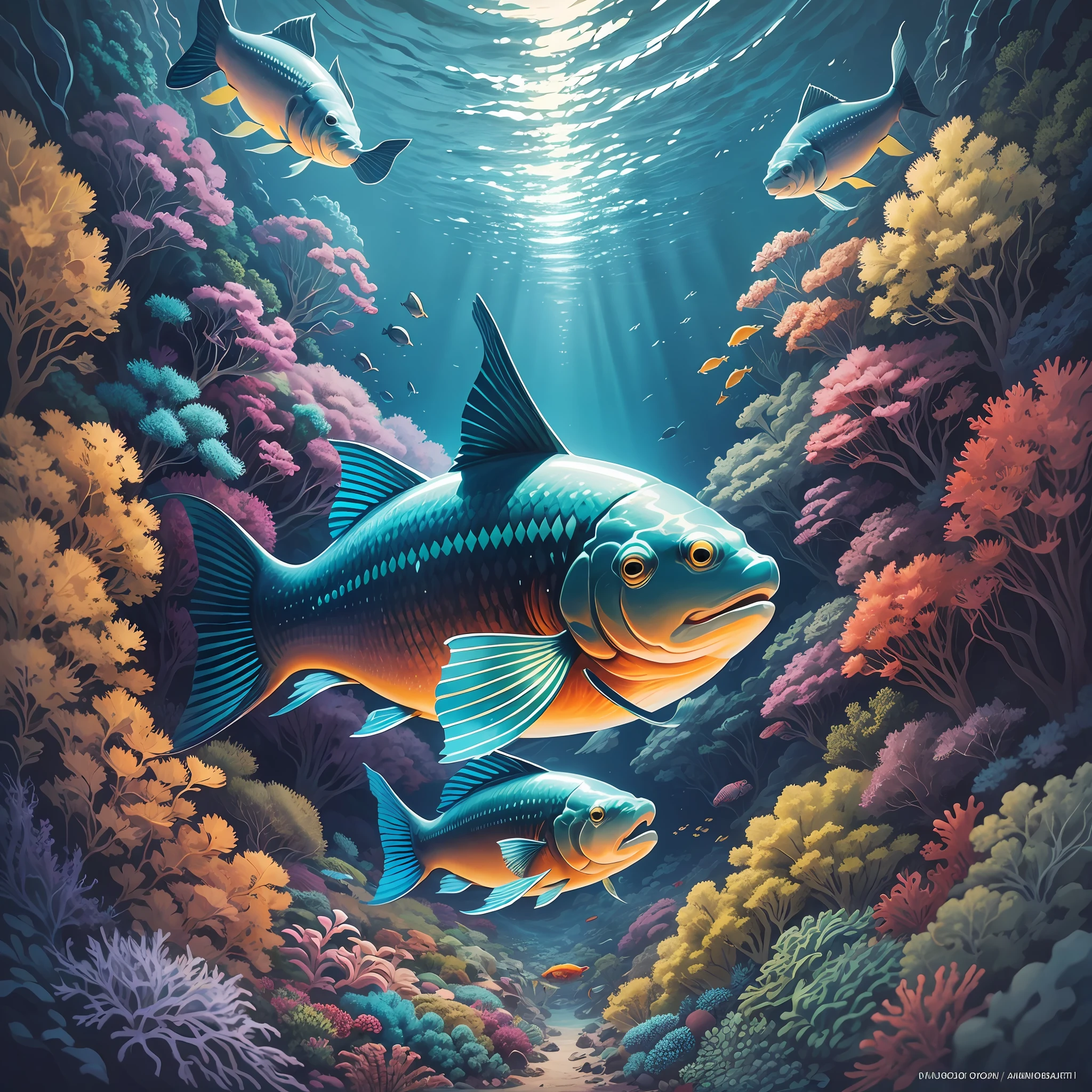 oil painting seabed Look up Big fish Big fish. Design graphic, vector, enclosed in a square, isometric, black background, no text, no logo. --auto --s2
