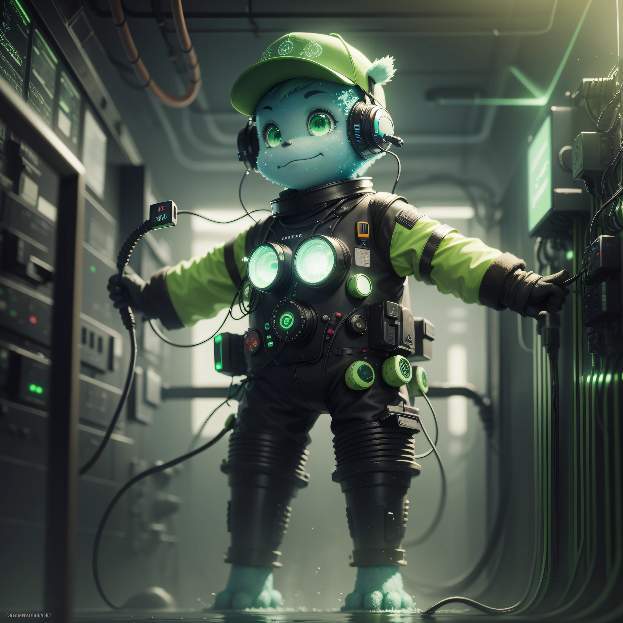 A little water green monster, telecom engineer, charismatic, kind, friendly, positive and playful, monitoring a fiber optic network, futuristic and colorful background, high quality image
