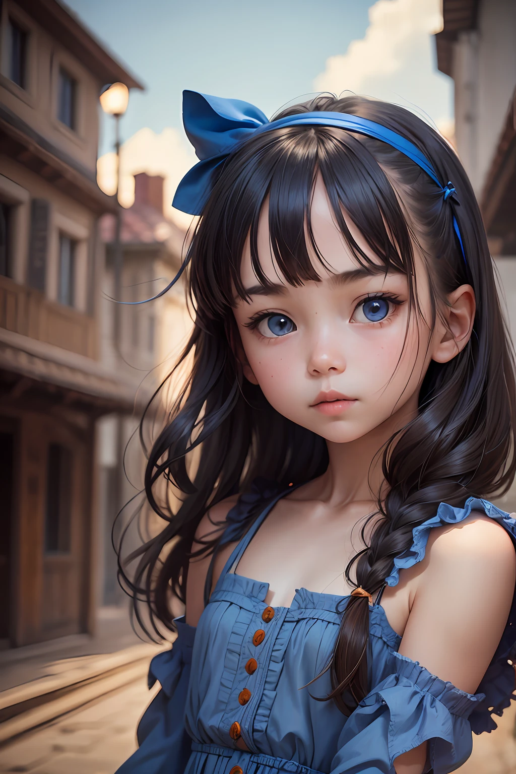 1girl,solo,detailed face,detailed skin,,blue dress,long sleeves,cowboy shot,looking at viewer,arms down --auto --s2