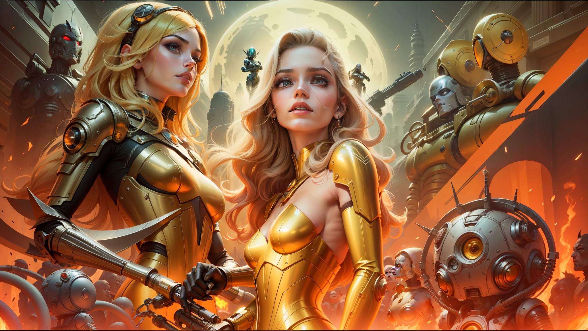a close up of a woman in a gold dress standing in front of a group of robots, horror movie poster art, barbarella, movie screencap, holy cyborg necromancer girl, beautiful female android!, in shades of peach, new gods, by Eugenio Granell, doom metal, youtube thumbnail, lithograph print, ecktochrome, 2070s --auto --s2