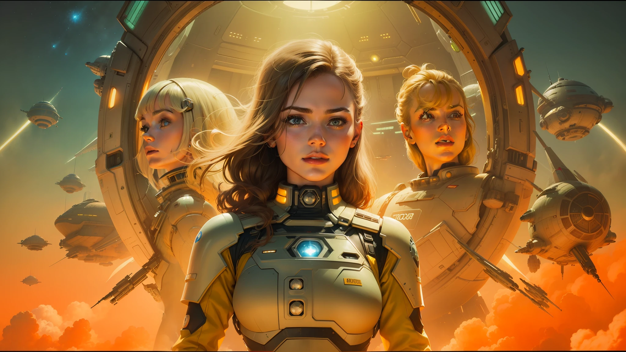 a close up of a woman in a futuristic suit standing in front of a spaceship, movie poster 7 0's, tomas kinkade, sam guay, panoramic centered view of girl, portrait futuristic solider girl, oliver vernon, unknown artist, youtube thumbnail, by Jan Tengnagel, anamorphic widescreen, retrofuture --auto --s2