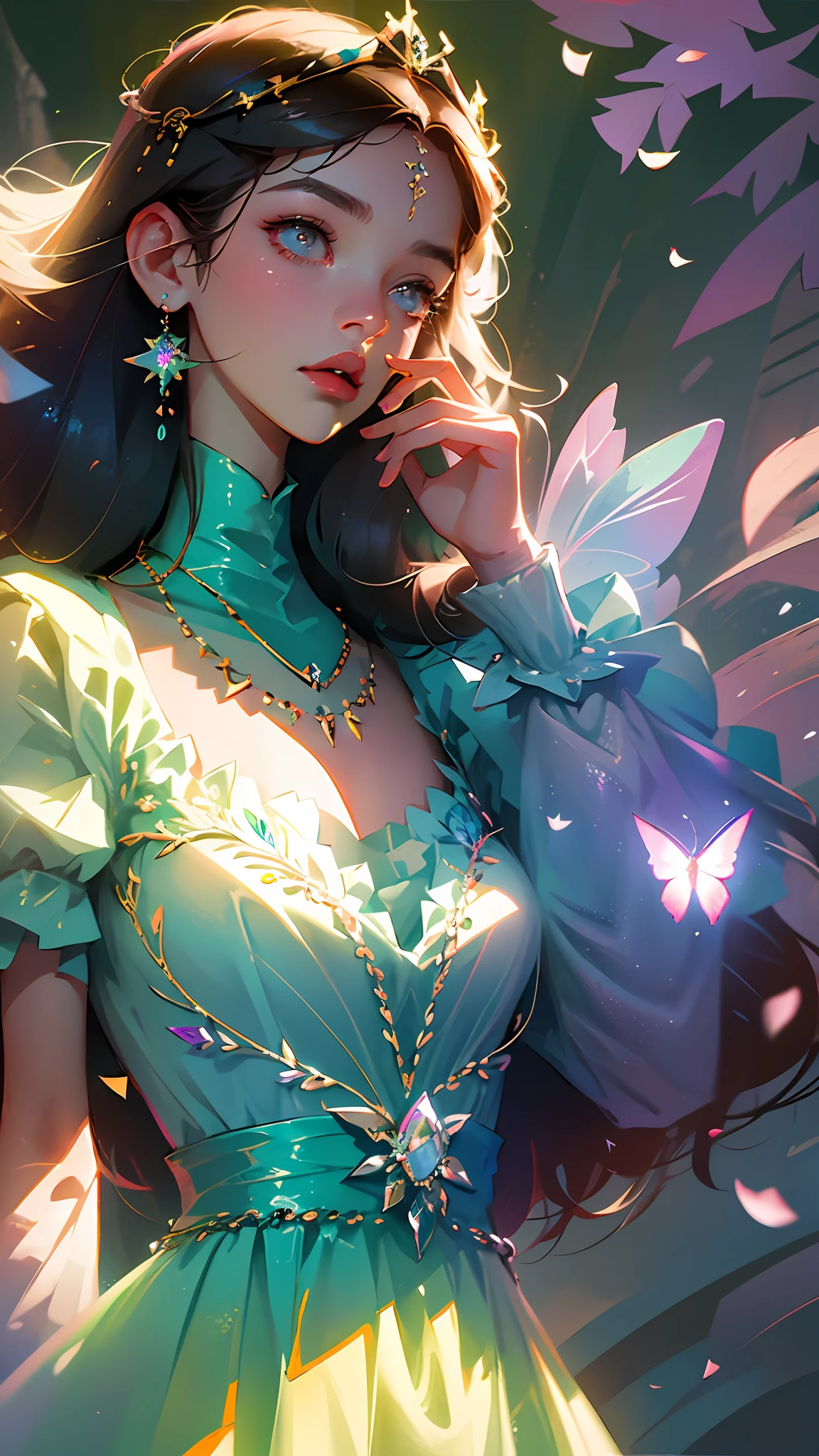 illustration:10, masterpiece, best quality, Alberobello town, (in the forest), (extremely beautiful side photo), (single solo) fashion girl model, slightly tilted head, lingerie fashion show, cleavage, laser colorful fairy butterfly wing decoration on the back, luxury jewelry, necklace, crystal crown, (nature petals wrapped in clothing), Bust, (Tyndall effect) streetslora: watercolorStylev10:035EasyNegative --auto --s2