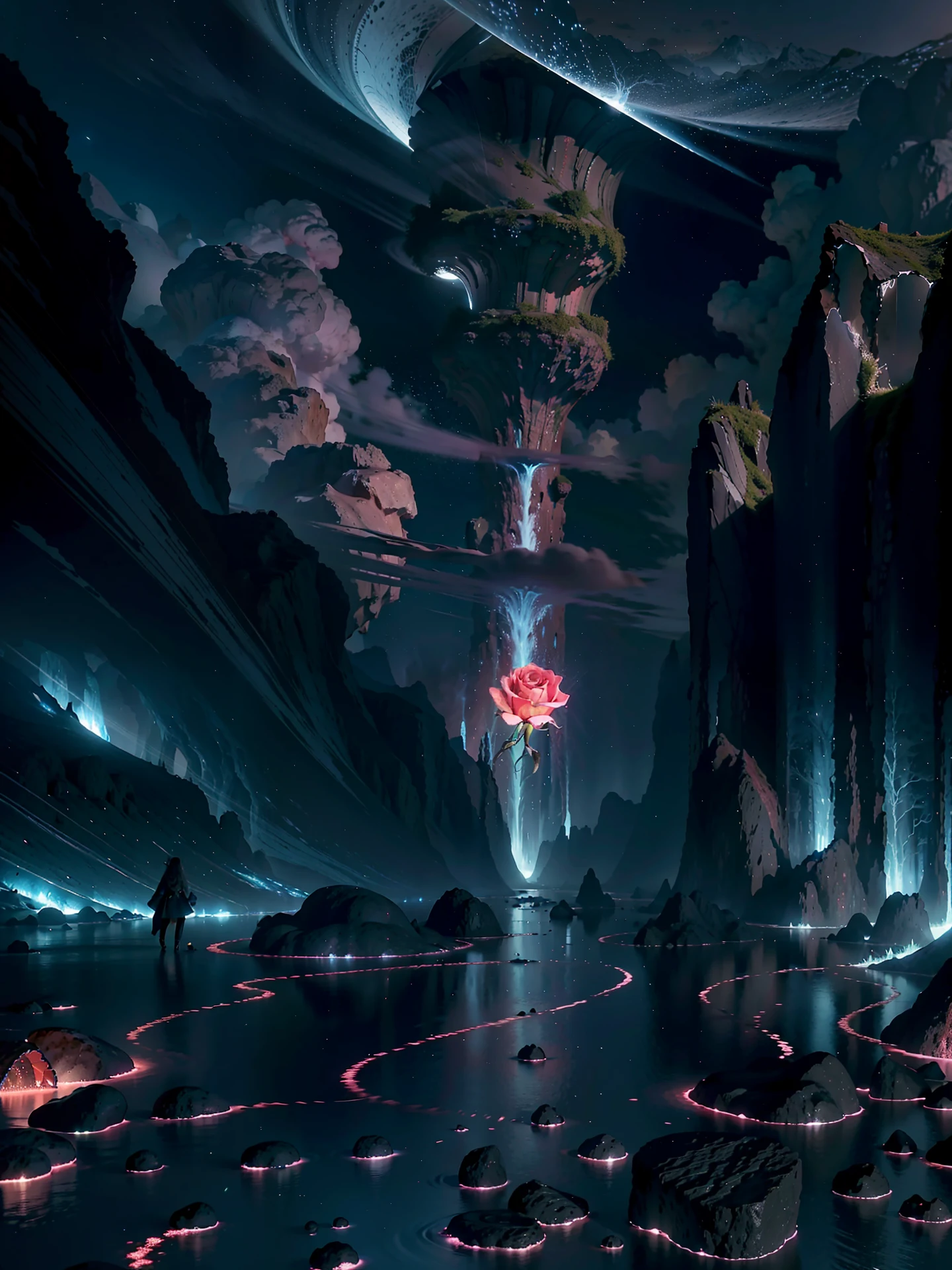 official art, unity 8k wallpaper, ultra detailed, aesthetic, masterpiece, best quality, (photorealistic:1.2), Luminous roseA high-definition CG rendering of a dark rose forest. a rose path, long floating blue roses on the ground, fireflies, luminous ovules and lava crystal light effects, snowstorm style art trend, magical light fog, low light at night