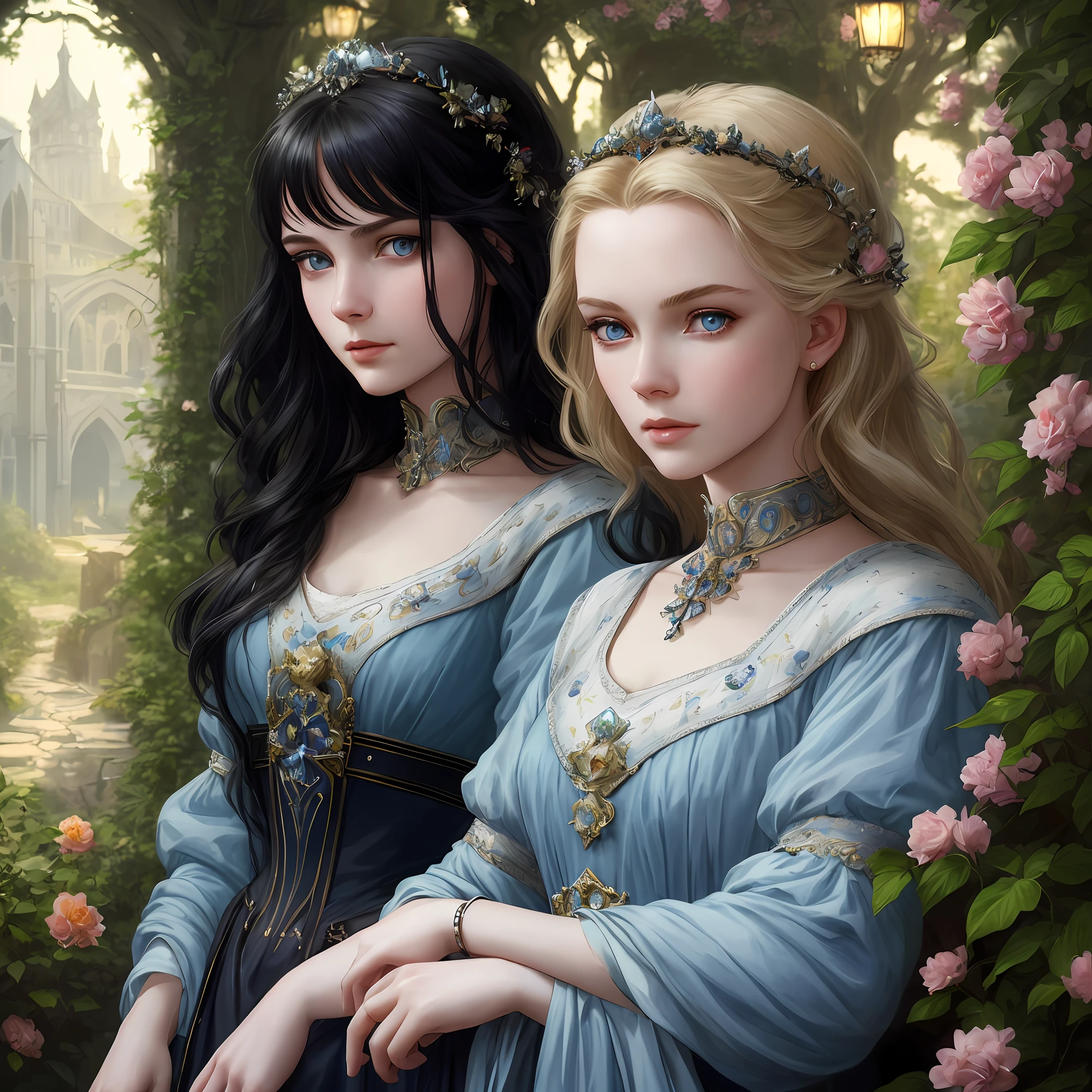 1 girl, grace kelly, blue eyes, pale skin, detailed, beautiful, , black hair, medium, straight and messy hair, detaiiled perfect blue eyes, delicate symmetric realistic and beautiful face, (sunny garden backgroung), medieval lady red dress, full body, masterpiece, fine detail, rich colors, dramatic lighting, extremely detailed, cinematic lighting hyperdetailed painting, luminism, Bar lighting, complex, 4k resolution concept art portrait by Greg Rutkowski, Artgerm, WLOP, Alphonse Mucha, little fusion pojatti realistic goth: a stunning realistic photograph