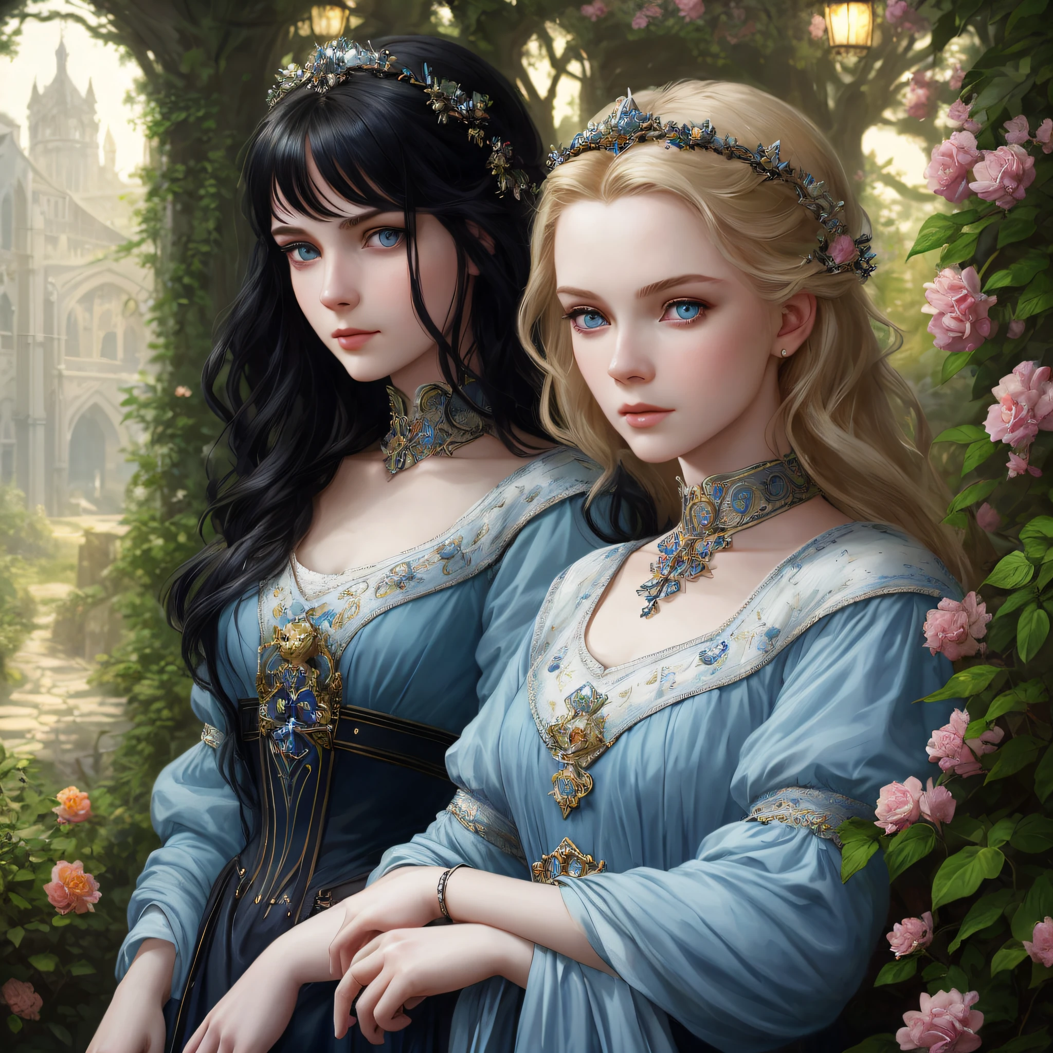 1 girl, grace kelly, blue eyes, pale skin, detailed, beautiful, 16 years old, black hair, medium, straight and messy hair, detaiiled perfect blue eyes, delicate symmetric realistic and beautiful face, (sunny garden backgroung), medieval lady red dress, full body, masterpiece, fine detail, rich colors, dramatic lighting, extremely detailed, cinematic lighting hyperdetailed painting, luminism, Bar lighting, complex, 4k resolution concept art portrait by Greg Rutkowski, Artgerm, WLOP, Alphonse Mucha, little fusion pojatti realistic goth: a stunning realistic photograph