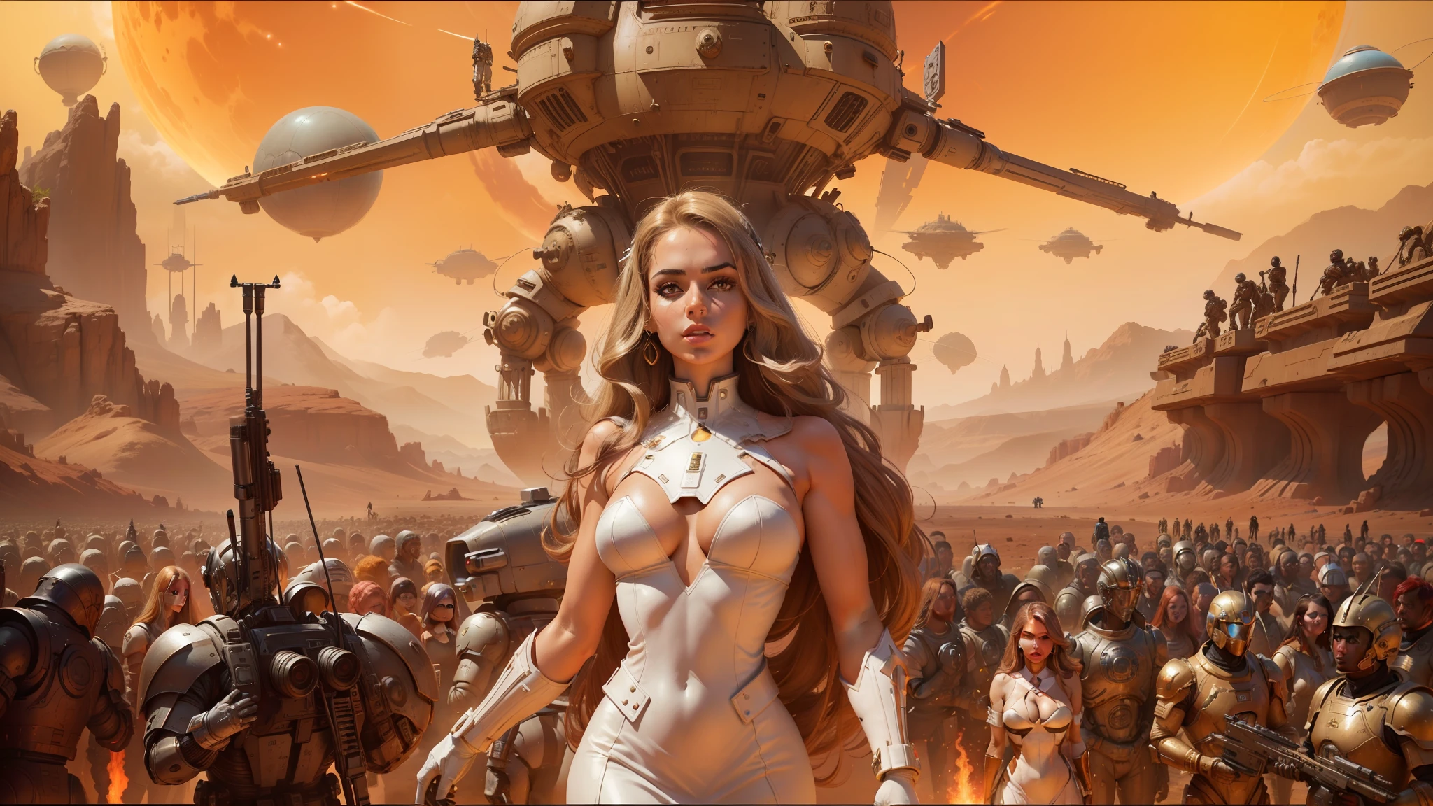 arafed image of a woman in a white dress standing in front of a group of people, 7 0 s science fiction art, brown armor, portrait of sofia vergara, death and robots, planet mars in the background, barbarella, anthropomorphic female, magicpunk, humanoids --auto --s2