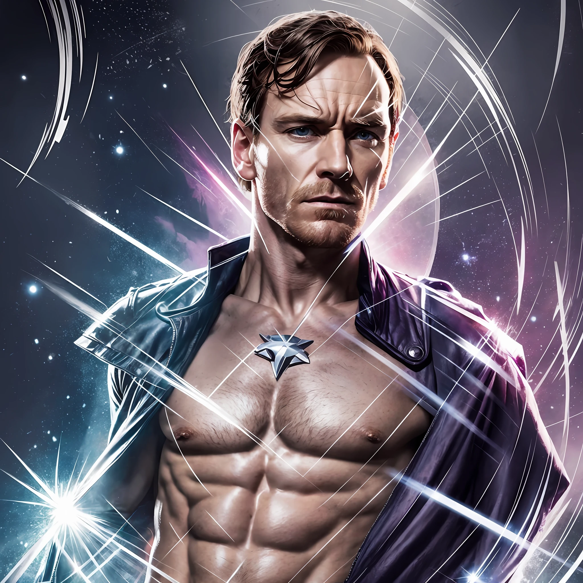Michael Fassbender as Magneto from the X-Men, full-length, Magneto's clothes from the movie, naked torso, excellent illustration, like a frame from the movie X-Men, super detail, magical effects, dynamic scene