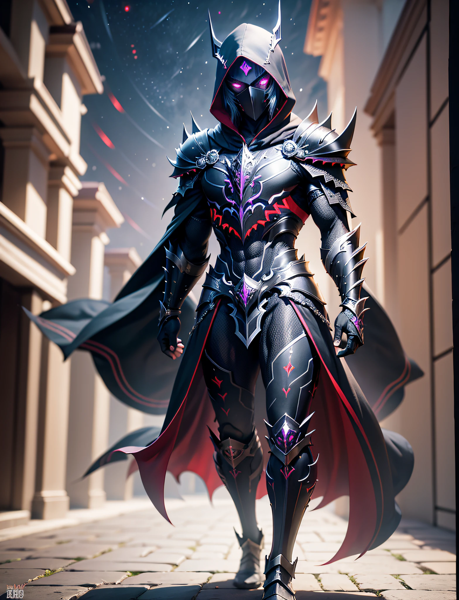 full body hyper realistic black purple hooded sharp ornate saga armor man suite, waring mask, full sharp armor, red neon, night, extra details armor, Many details, front view, (night:2) castle background, full body, full body, all body, front view, wide angle, ultra details, ultra resolution, ultra quality, unreal engine 5, cinematic lighting, depth of field, head out of frame, out of frame, feet out of frame, super detail, 16k, high quality, award winning, best quality, textured skin, high details, super detail