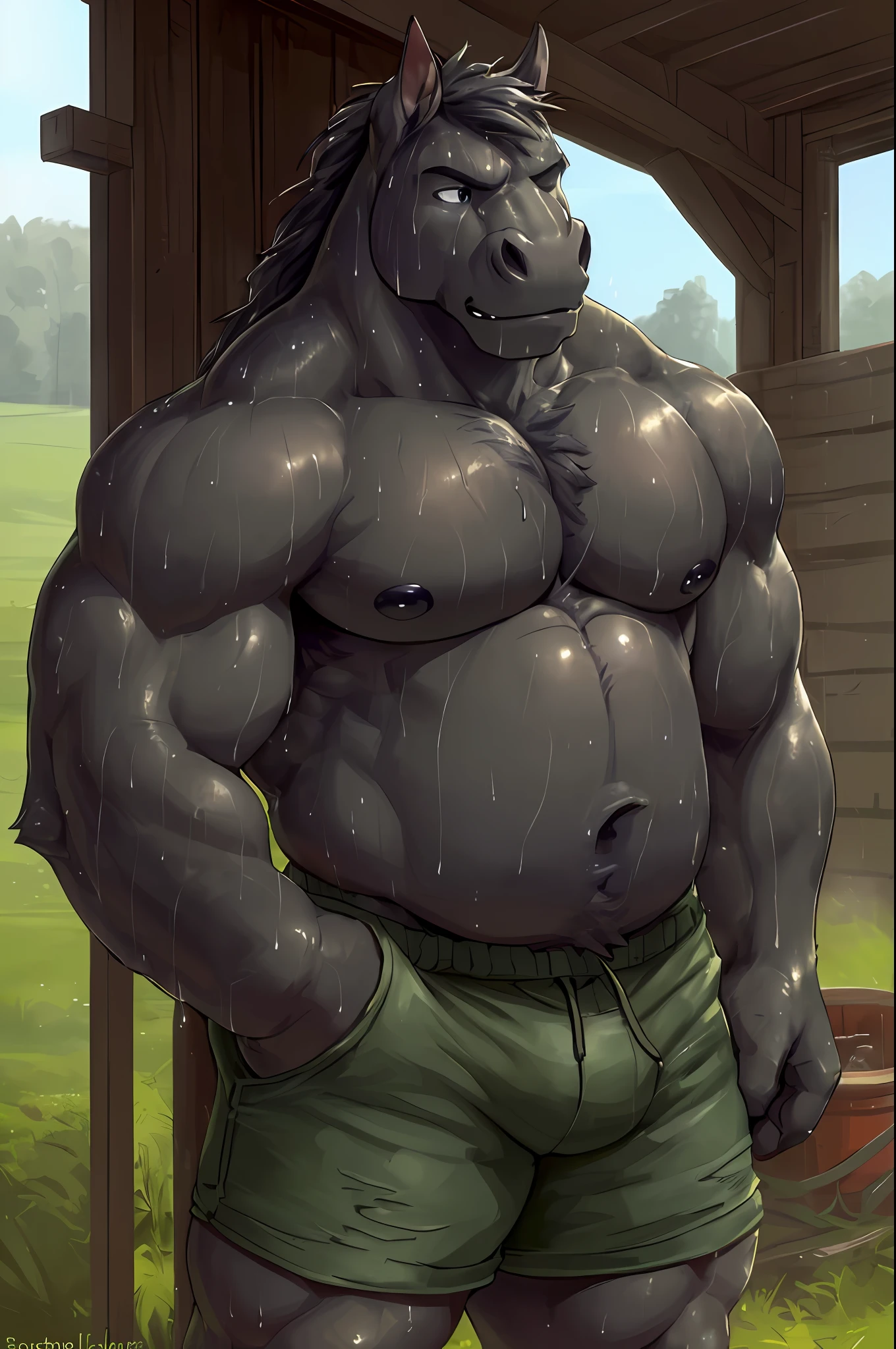 ((solo)), anthro horse male, (grey fur, black mane, dark grey nose and hands:1.3), ((equine tough face, big eyes, blue pupils, cute:1.3)), male, late fourties, athletic, abs, (veiny, ripped muscles, flat chubby stomach:1.3), (correct anatomy, heavy build, wide torso, small head:1.7), (realistic fur, detailed fur texture, dripping sweat:1.3), detailed background farm, photorealistic, (working shorts:1.3), (boner with outline:1.2), bare torso, (detailed clothing), hyperrealistic, ultradetailed, by kenket, natural lighting, (muscular, sweaty, wet, steaming exhausted:1.3), flexing, (sad, shy, calm expression:1.3)