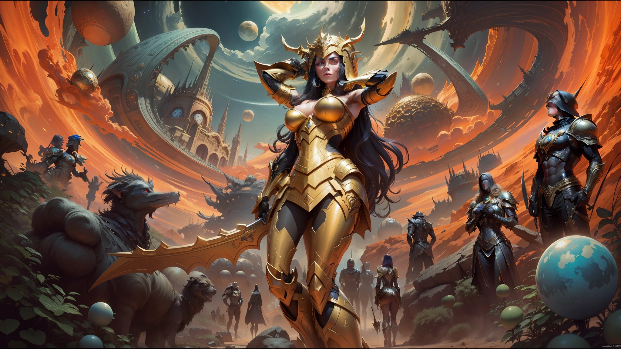 painting of a woman in a golden dress standing in front of a giant alien planet, wearing witchblade armor, inspired by Robert McGinnis, portrait of megan fox as a queen, cinemascope panorama, wearing an elaborate helmet, by Jason A. Engle, cosmic girl, mastodon, glenn barr, goddess of war, esteban maroto, stereogram, realms --auto --s2