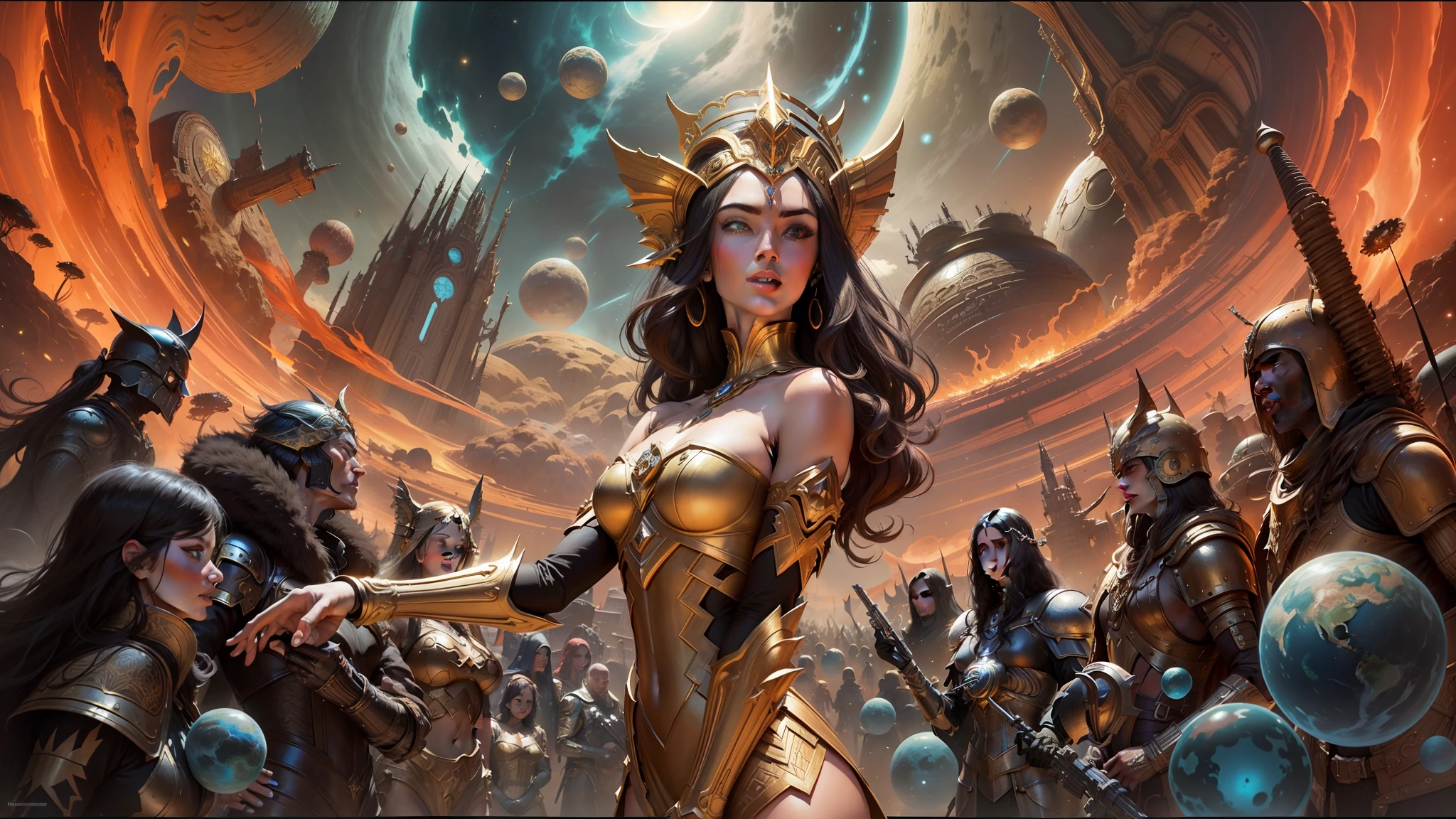 painting of a woman in a golden dress standing in front of a giant alien planet, wearing witchblade armor, inspired by Robert McGinnis, portrait of megan fox as a queen, cinemascope panorama, wearing an elaborate helmet, by Jason A. Engle, cosmic girl, mastodon, glenn barr, goddess of war, esteban maroto, stereogram, realms --auto --s2