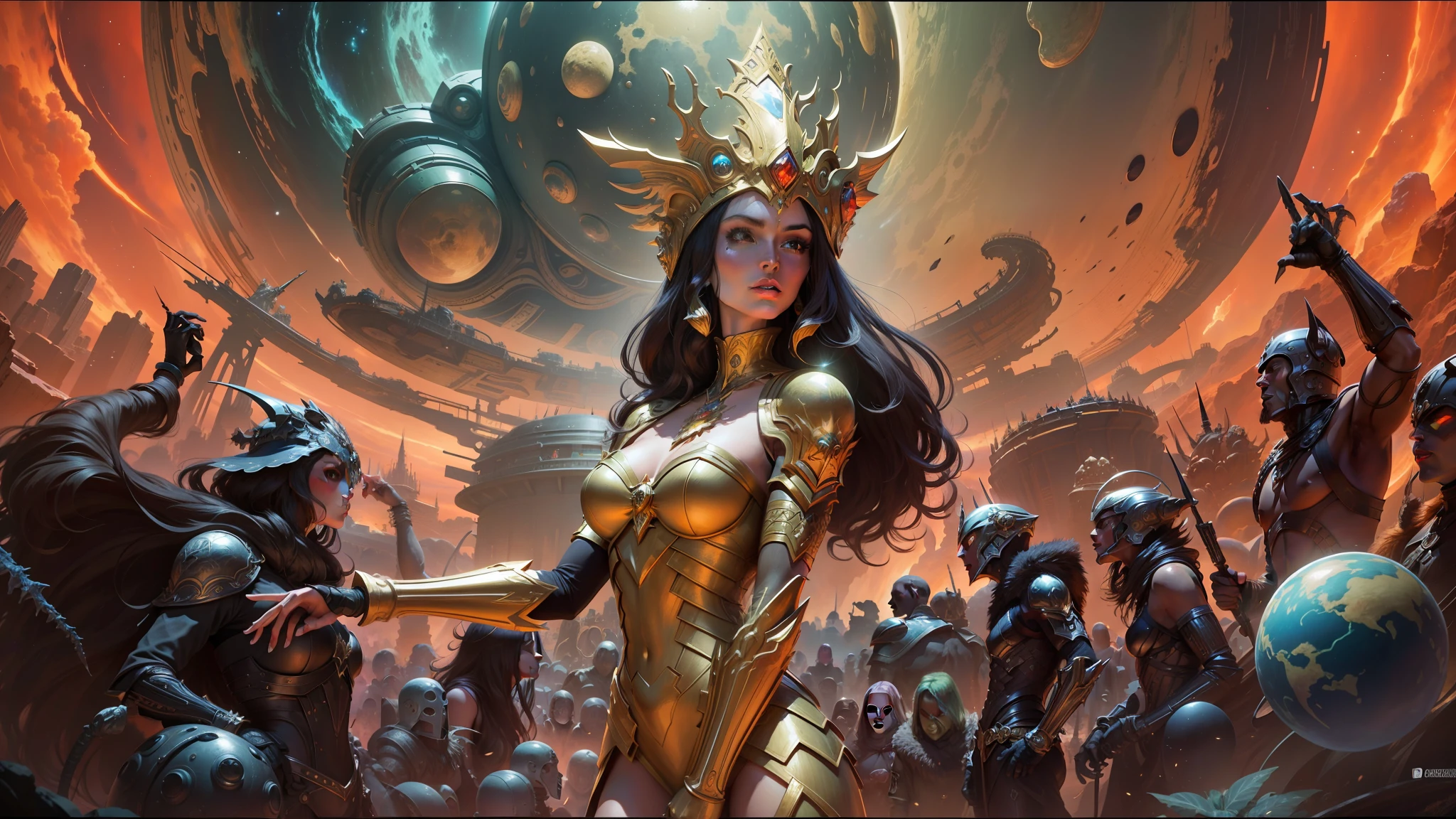 painting of a woman in a golden dress standing in front of a giant alien planet, wearing witchblade armor, inspired by Robert McGinnis, portrait of megan fox as a queen, cinemascope panorama, wearing an elaborate helmet, by Jason A. Engle, cosmic girl, mastodon, glenn barr, goddess of war, esteban maroto, stereogram, realms --auto --s2