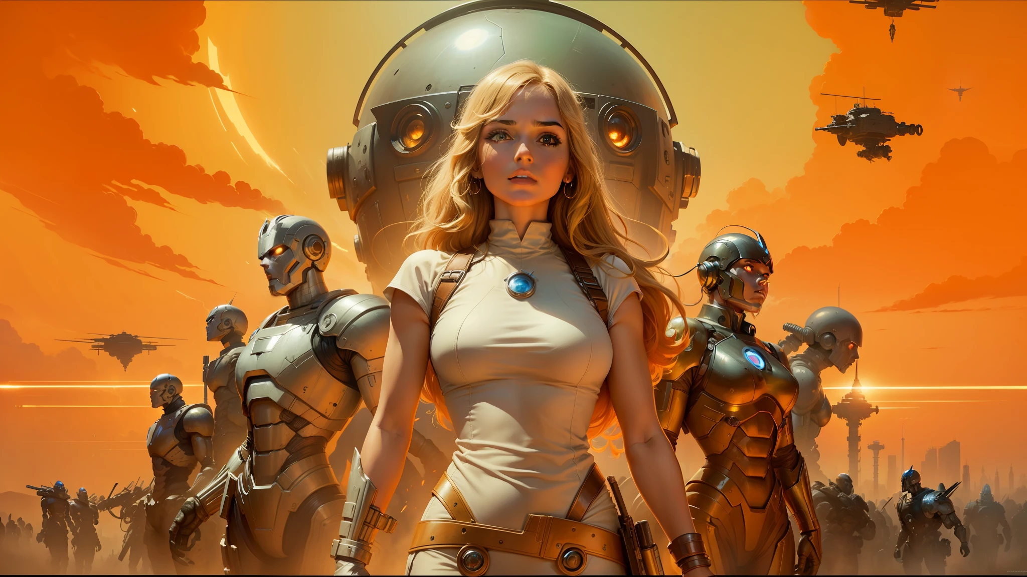 arafed image of a woman in a white shirt and some robots, les edwards poster art, youtube thumbnail, still from the avengers, sunburst behind woman, barbarella, google arts and cultures, marc newsom, galactic news, the infrastructure of humanity, brown armor, 6 0 s french movie poster, marc _ simonetti, blockchain vault --auto --s2