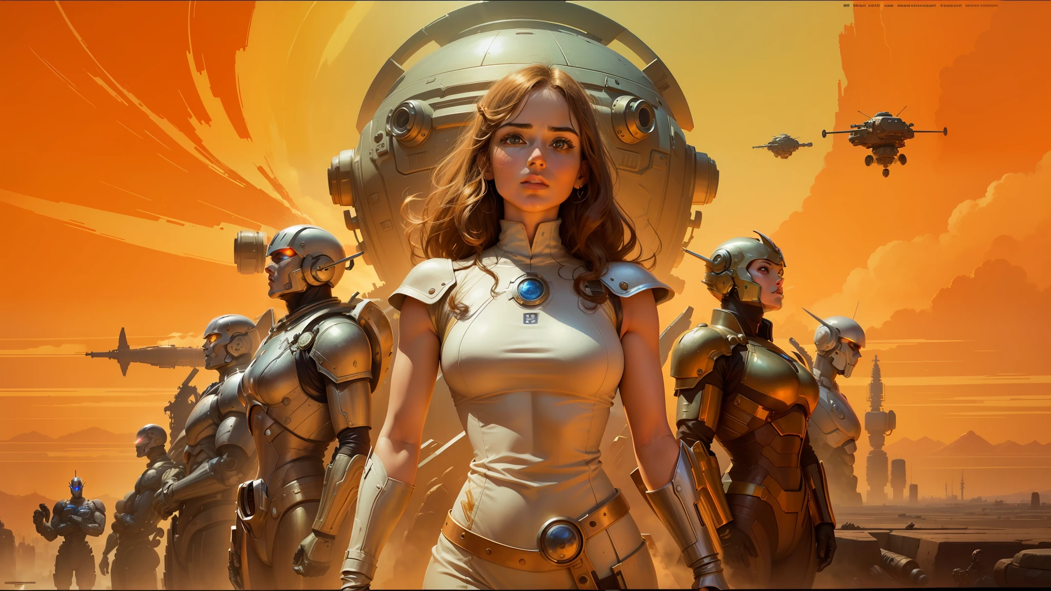 arafed image of a woman in a white shirt and some robots, les edwards poster art, youtube thumbnail, still from the avengers, sunburst behind woman, barbarella, google arts and cultures, marc newsom, galactic news, the infrastructure of humanity, brown armor, 6 0 s french movie poster, marc _ simonetti, blockchain vault --auto --s2