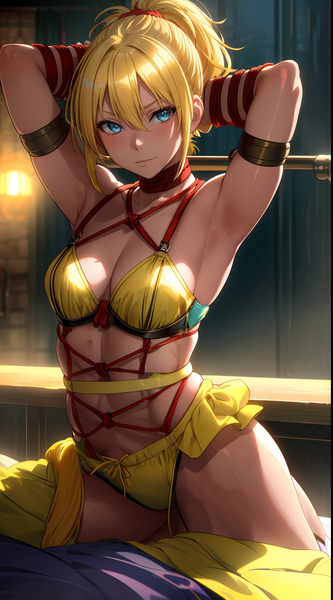 Rikku, (yellow hair, messy ponytail and bangs, blue eyes, flat chest), wearing tight sexy bra and panties, fingerless gloves, shoulders showing, looking at viewer, lewd, sexy, masterpiece, best quality, 8k, sharp focus, depth of field, best shadows, perfect lights, HDR, realistic skin texture, detailed, hyper detailed background, anime style, wideshot, Arms up (armpit), fantasy bedroom, (lying in bed), (((restraint, shibari, bdsm, arms tied on a bar)))