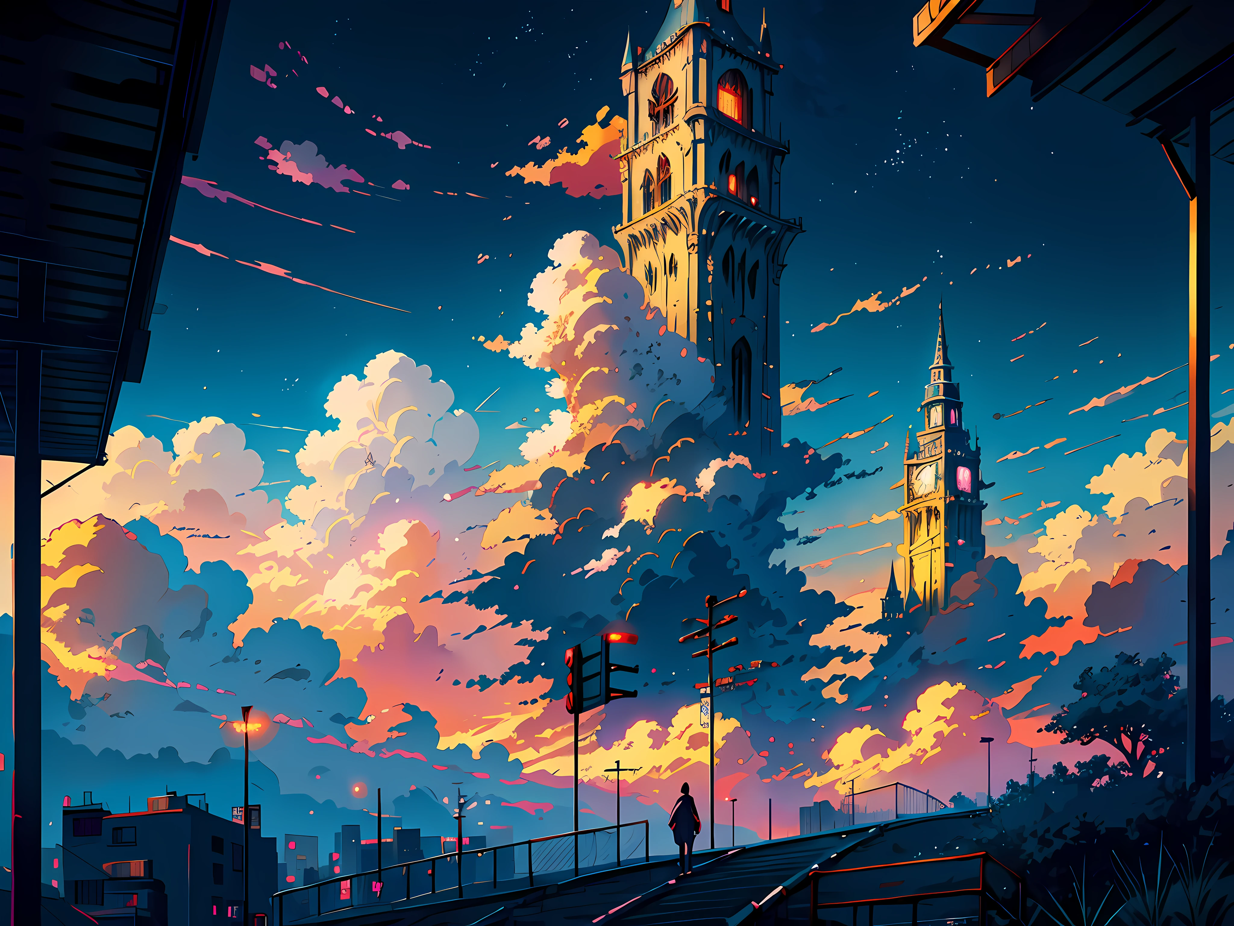anime scenery of a city with a tower and a sky, anime art wallpaper 4 k, anime art wallpaper 4k, anime clouds, makoto shinkai cyril rolando, by sylvain sarrailh, anime art wallpaper 8 k, inspired by sylvain sarrailh, 4k highly detailed digital art, anime wallpaper 4k, anime wallpaper 4 k