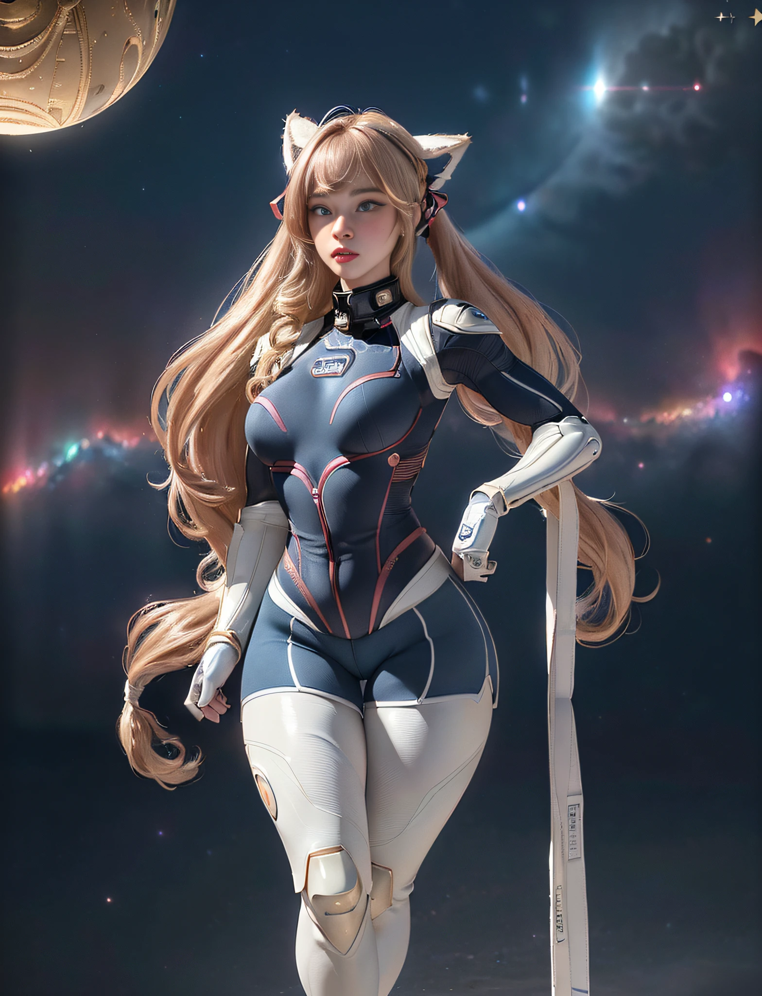 ((very detailed RAW color photo)), ((realistic)), (((1 girl))), (((alone))), (((23 years))), ((athletic)), ((very defined toned physique)), ((very defined and beautiful muscular body)), (((very detailed perfect body))), (((small and defined breasts))), (((ultra defined curves))), (((superior quality, 8k, masterpiece: 1.3)), sharp focus: 1.2, (((extremely beautiful girl with perfect figure: 1.4))), ((very thin waist: 1.2)), ultra detailed skin texture,  ((perfect and beautiful hands)), ((smooth and soft skin)), (ultra detailed fabric texture), extremely beautiful ultra detailed face, (((extremely beautiful))), ultra detailed, (((girl wearing a space suit without helmet and white shorts with space boots))), (((very futuristic suit))), ((((extremely long curly blonde hair))), extremely beautiful, (((extra long ponytail with bangs))), ((very detailed and beautiful wolf ears)),  (hair on the face), ((hair ribbon)), dynamic pose, ((uniform leaves thighs exposed)), ((ultra detailed and toned legs)), (((ultra detailed waist))), (((very wide hips))), (((very thick and toned thighs))), (sexy), (((extreme hourglass figure))), (((very thick heart lips))), ((red lipstick)), ((ultra detailed lips)), ((ultra detailed blue eyes)), ((angry look)),  (((staring at the viewer))), ultra-detailed provocative mouth, extremely beautiful seductive lips, ((blushing)), (makeup), (((ultra-defined waist))), eye shadow, (full body shot), planets in the background, very detailed starry sky, nebulae, stars