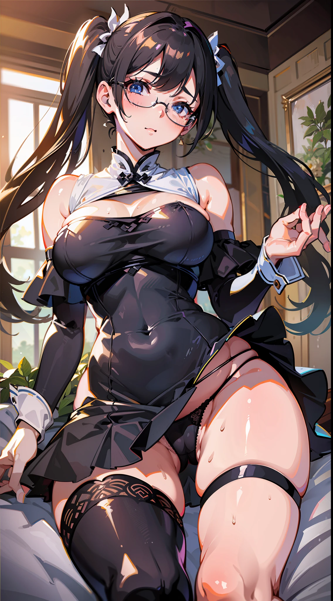 masterpiece, best quality, realistic, photorealistic, great lighting, ultra-detailed, dynamic angle, perfect face, (bright lighting:1.2),beautiful detailed eyes, extremely detailed face, perfect lighting,
1girl, black twintail hair, glasses,
qipao dress, stockings, high-heeled shoes, ((black panties, cameltoe)),
Composition looking up from below, room, bed, M leg, lift up one's skirt,
sweaty, wet body, navel out, thighs out, buttocks, large breast, slim, slender, translucent body, Transparent, Embarrassed expression, blush,