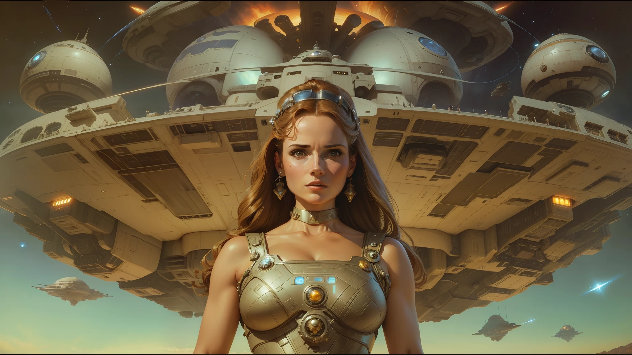 arafed image of a woman in a dress with a spaceship in the background, mark brooks detailed, giant airships in the sky, progressive rock album cover, still from star wars, royal insignia in background, establishing shot, cybernetic faces, protagonist in foreground, starring geena davis, spelljammer, sci - fi : : --auto --s2