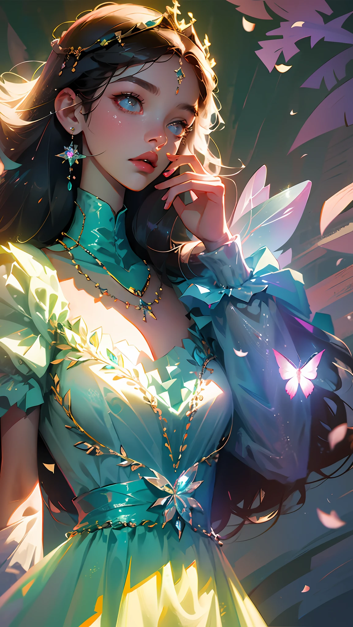illustration:10, masterpiece, best quality, Alberobello town, (in the forest), (extremely beautiful side photo), (single solo) fashion girl model, slightly tilted head, lingerie fashion show, cleavage, laser colorful fairy butterfly wing decoration on the back, luxury jewelry, necklace, crystal crown, (nature petals wrapped in clothing), Bust, (Tyndall effect) streetslora: watercolorStylev10:035EasyNegative --auto --s2