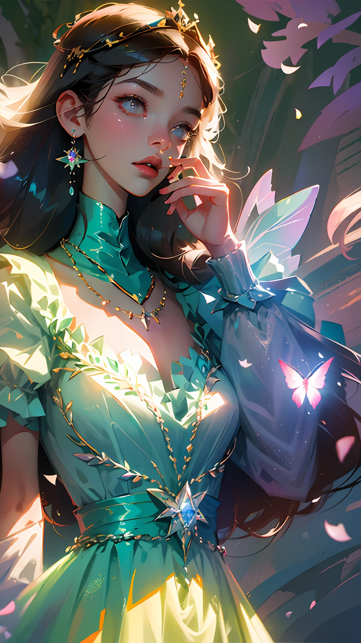 illustration:10, masterpiece, best quality, Alberobello town, (in the forest), (extremely beautiful side photo), (single solo) fashion girl model, slightly tilted head, lingerie fashion show, cleavage, laser colorful fairy butterfly wing decoration on the back, luxury jewelry, necklace, crystal crown, (nature petals wrapped in clothing), Bust, (Tyndall effect) streetslora: watercolorStylev10:035EasyNegative --auto --s2