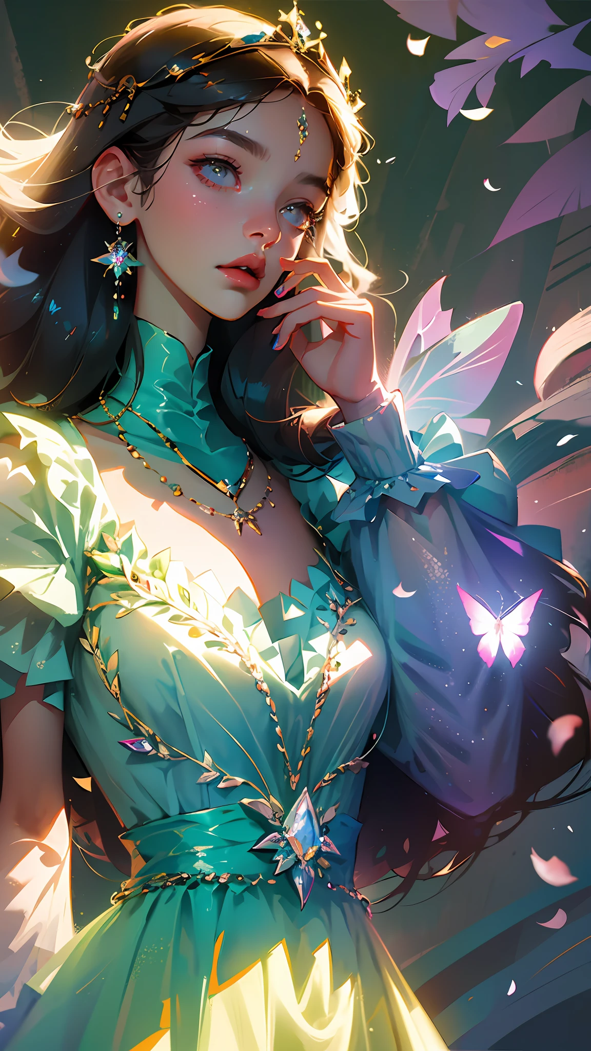 illustration:10, masterpiece, best quality, Alberobello town, (in the forest), (extremely beautiful side photo), (single solo) fashion girl model, slightly tilted head, lingerie fashion show, cleavage, laser colorful fairy butterfly wing decoration on the back, luxury jewelry, necklace, crystal crown, (nature petals wrapped in clothing), Bust, (Tyndall effect) streetslora: watercolorStylev10:035EasyNegative --auto --s2