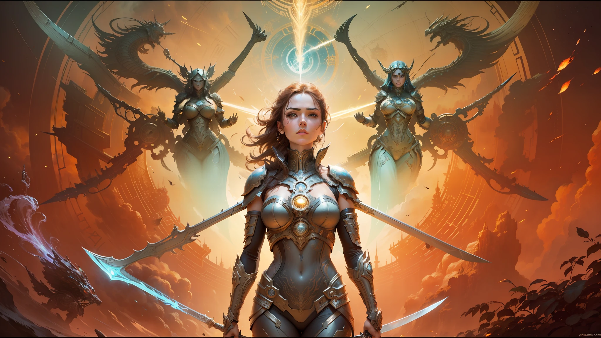 a close up of a woman with a sword and a clock, painting by android jones, album art for a trance dj, vitruvian mecha, inspired by Ignacy Witkiewicz, gears, wojtek fus, wearing witchblade armor, computer painting, still from movie dune, golden goddess athena --auto --s2