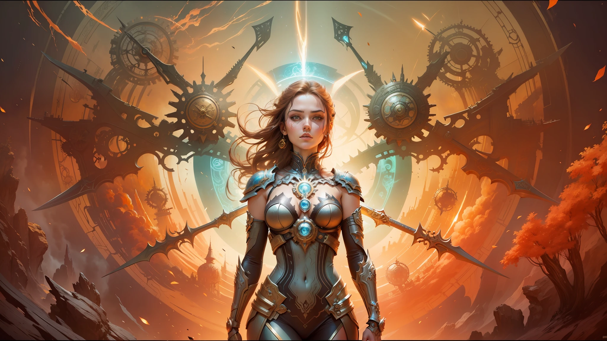 a close up of a woman with a sword and a clock, painting by android jones, album art for a trance dj, vitruvian mecha, inspired by Ignacy Witkiewicz, gears, wojtek fus, wearing witchblade armor, computer painting, still from movie dune, golden goddess athena --auto --s2