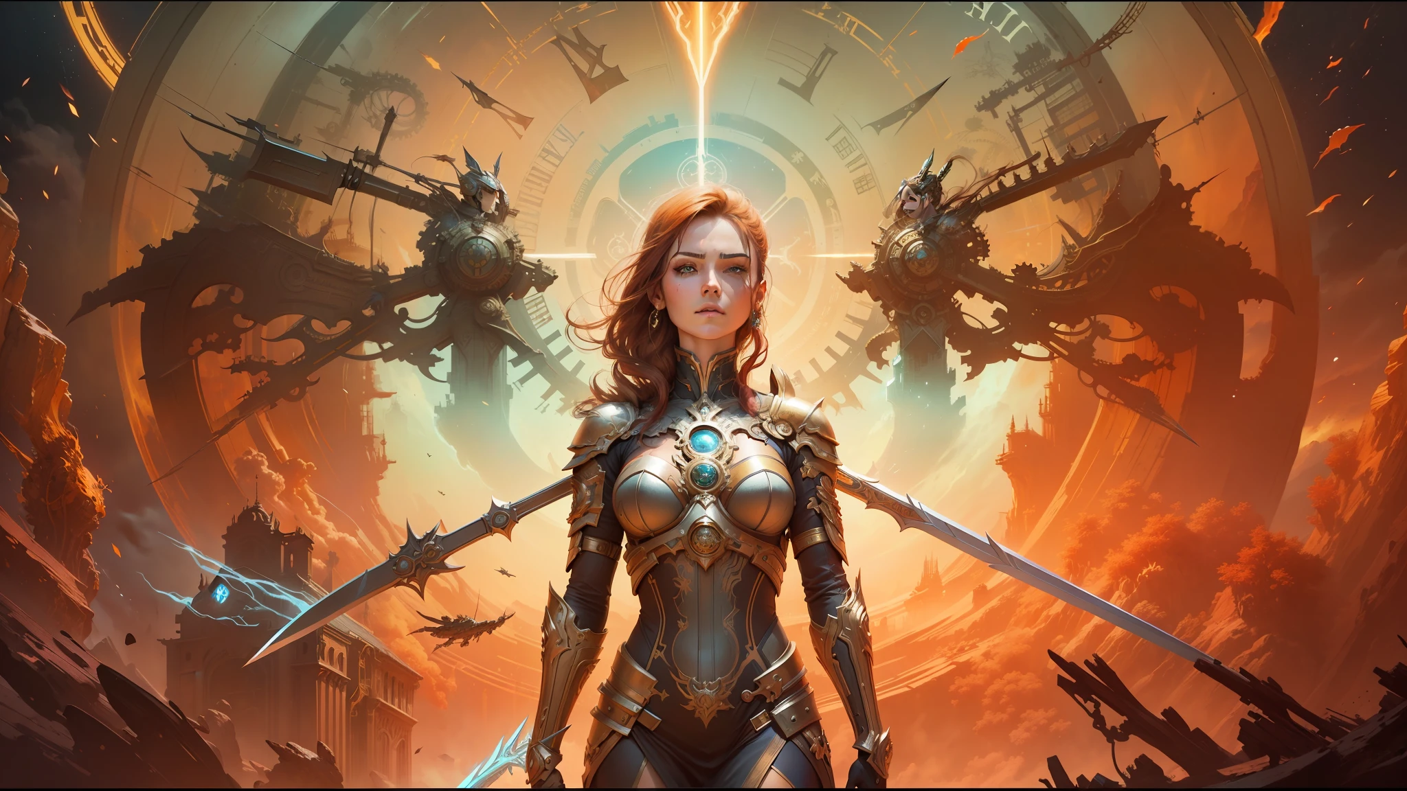 a close up of a woman with a sword and a clock, painting by android jones, album art for a trance dj, vitruvian mecha, inspired by Ignacy Witkiewicz, gears, wojtek fus, wearing witchblade armor, computer painting, still from movie dune, golden goddess athena --auto --s2