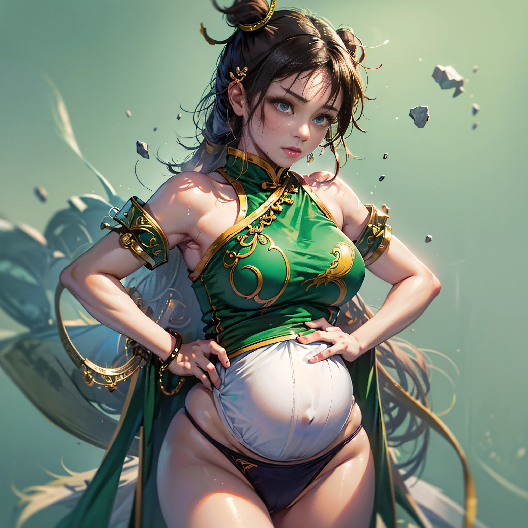 picture, 1 girl, solo, short sleeve, green eyes, looking at viewer, (crying), simple background, heart 1girl,steam, thong, (Chun-Li), cheongsam,pregnant woman, tense underwear, white underwear, excited face, sweat-soaked skin, face asking for help, full body portrait --auto --s2