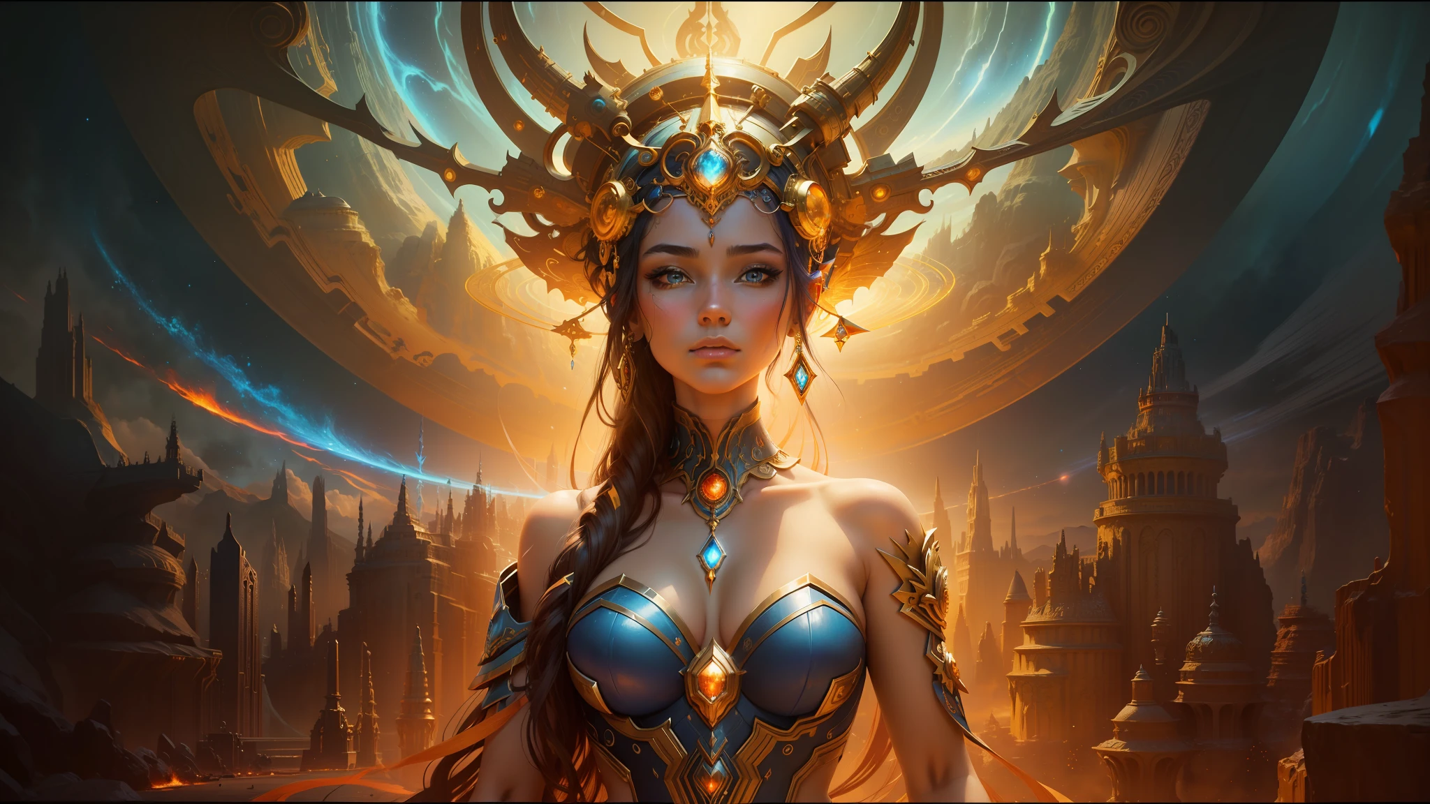 a woman with a large headpiece and a blue dress, psytrance artwork, similar to the bifrost, art station front page, warm color scheme art rendition, john stephens, golden edges and fractals, cyborg noble woman, lava and fire goddess, female goddess, artistic render, panoramic view of girl --auto --s2