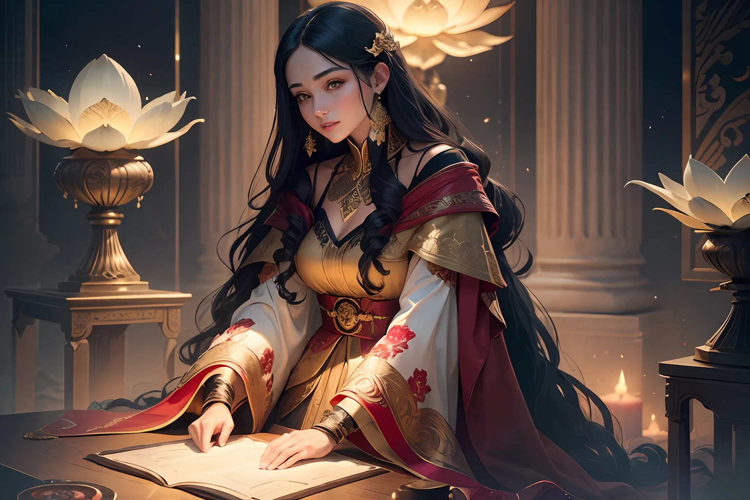 Masterpiece, Best Quality, (Very Detailed CG Unity 8k Wallpaper), (Best Quality), (Best Illustration), (Best Shadows), Absurd, Realistic Lighting, (Abyss), Beautiful Detailed Glow, Peter Mohr Beighter's art, masterpiece, best quality, (very detailed CG unified 8k wallpaper), (best quality), (best illustration), (best shadow), ultra-detailed, "They are an ancient couple, | The boy is tall, broad shoulders and strong arms, his face is well-defined, handsome, and his eyes are deep and clear. He wore a wide robe with exquisite embroidery on it, a pair of loose pants underneath, and a pair of leather boots under his feet, and the whole person looked calm and restrained. | The girl has a graceful figure, smart and beautiful, and her big eyes and long black hair make her look extremely charming. She wore a bright red robe with exquisite embroidery and gold thread, the hem of the dress fluttered in the wind, and a pair of red embroidered shoes at the corner of the skirt made her look beautiful and cute. They came to a lotus pond, and the lotus flowers glowed faintly golden in the moonlight, which was very beautiful. "Digital Art, trending artstation, 4K, high detail, cinematic lighting, intricate, high detail, sharp-focused, dramatic, realistic --auto --s2