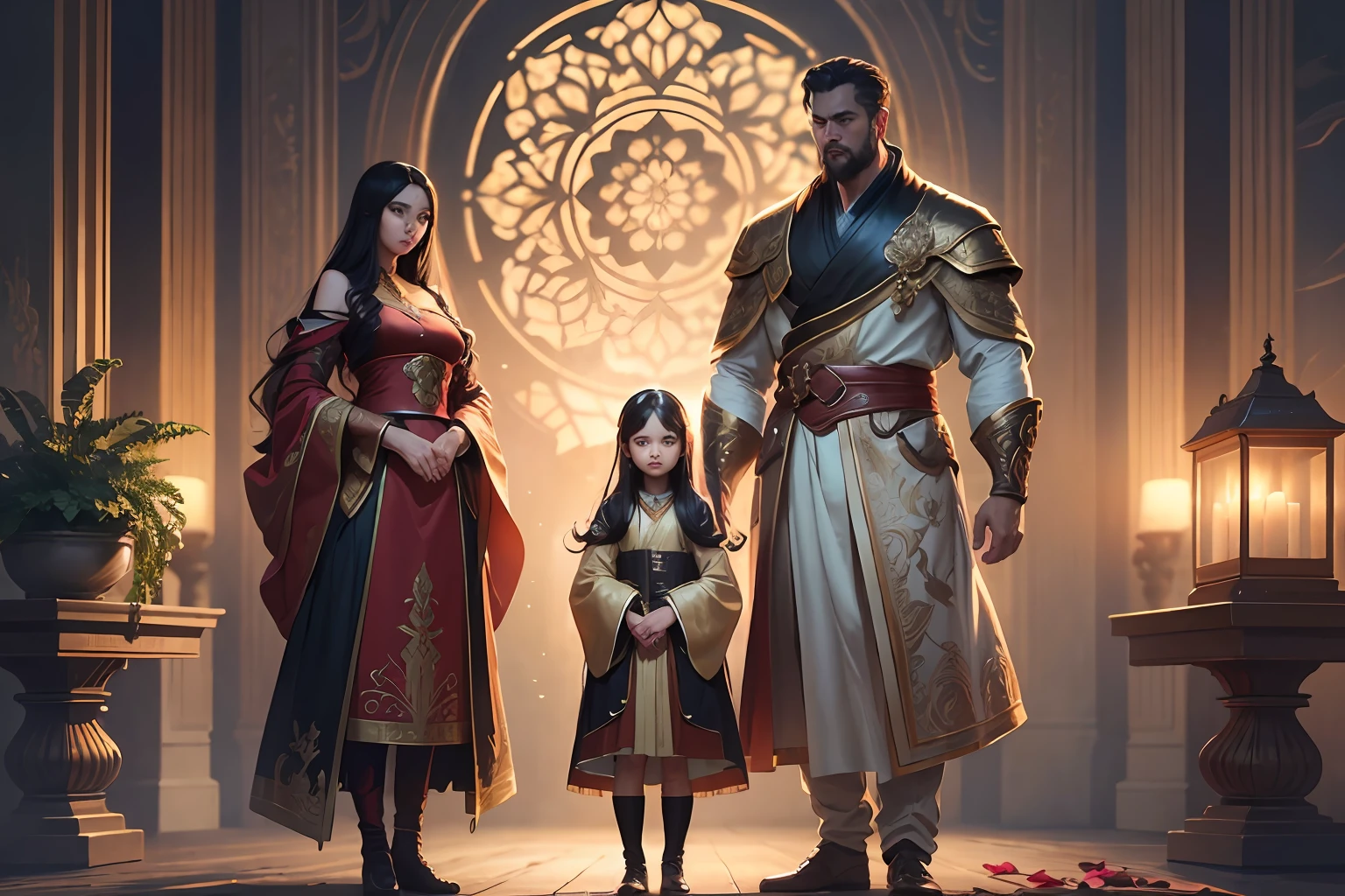 Masterpiece, Best Quality, (Very Detailed CG Unity 8k Wallpaper), (Best Quality), (Best Illustration), (Best Shadows), Absurd, Realistic Lighting, (Abyss), Beautiful Detailed Glow, Peter Mohr Beighter's art, masterpiece, best quality, (very detailed CG unified 8k wallpaper), (best quality), (best illustration), (best shadow), ultra-detailed, "They are an ancient couple, | The boy is tall, broad shoulders and strong arms, his face is well-defined, handsome, and his eyes are deep and clear. He wore a wide robe with exquisite embroidery on it, a pair of loose pants underneath, and a pair of leather boots under his feet, and the whole person looked calm and restrained. | The girl has a graceful figure, smart and beautiful, and her big eyes and long black hair make her look extremely charming. She wore a bright red robe with exquisite embroidery and gold thread, the hem of the dress fluttered in the wind, and a pair of red embroidered shoes at the corner of the skirt made her look beautiful and cute. They came to a lotus pond, and the lotus flowers glowed faintly golden in the moonlight, which was very beautiful. "Digital Art, trending artstation, 4K, high detail, cinematic lighting, intricate, high detail, sharp-focused, dramatic, realistic --auto --s2
