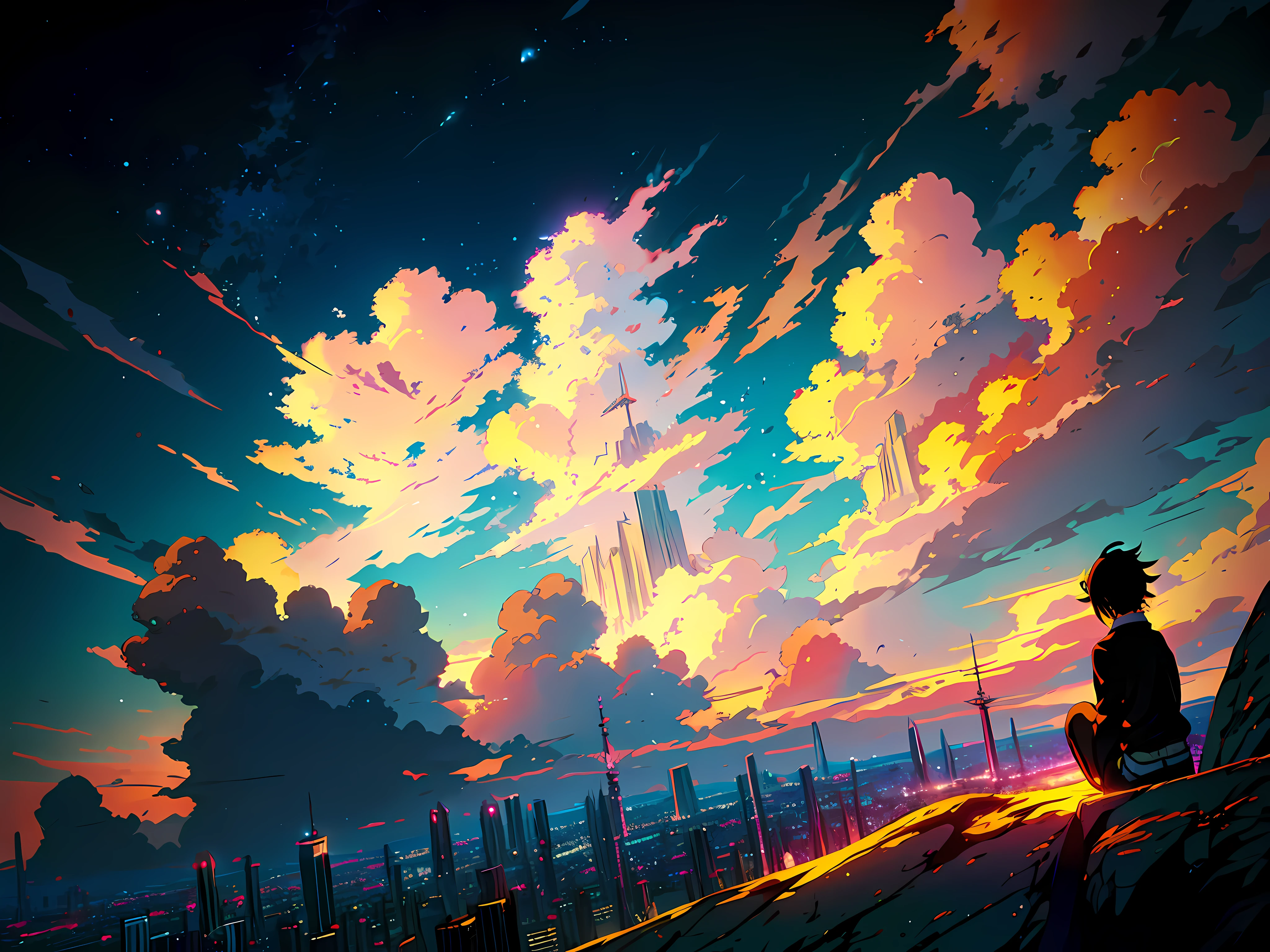 anime girl sitting on a rock looking at the sky,a sky piercing tower far far away, makoto shinkai cyril rolando, anime art wallpaper 4 k, anime art wallpaper 4k, cyril rolando and goro fujita, anime art wallpaper 8 k, 4k anime wallpaper, anime wallpaper 4 k, anime wallpaper 4k, ( ( makoto shinkai ) ), makoto shinkai!