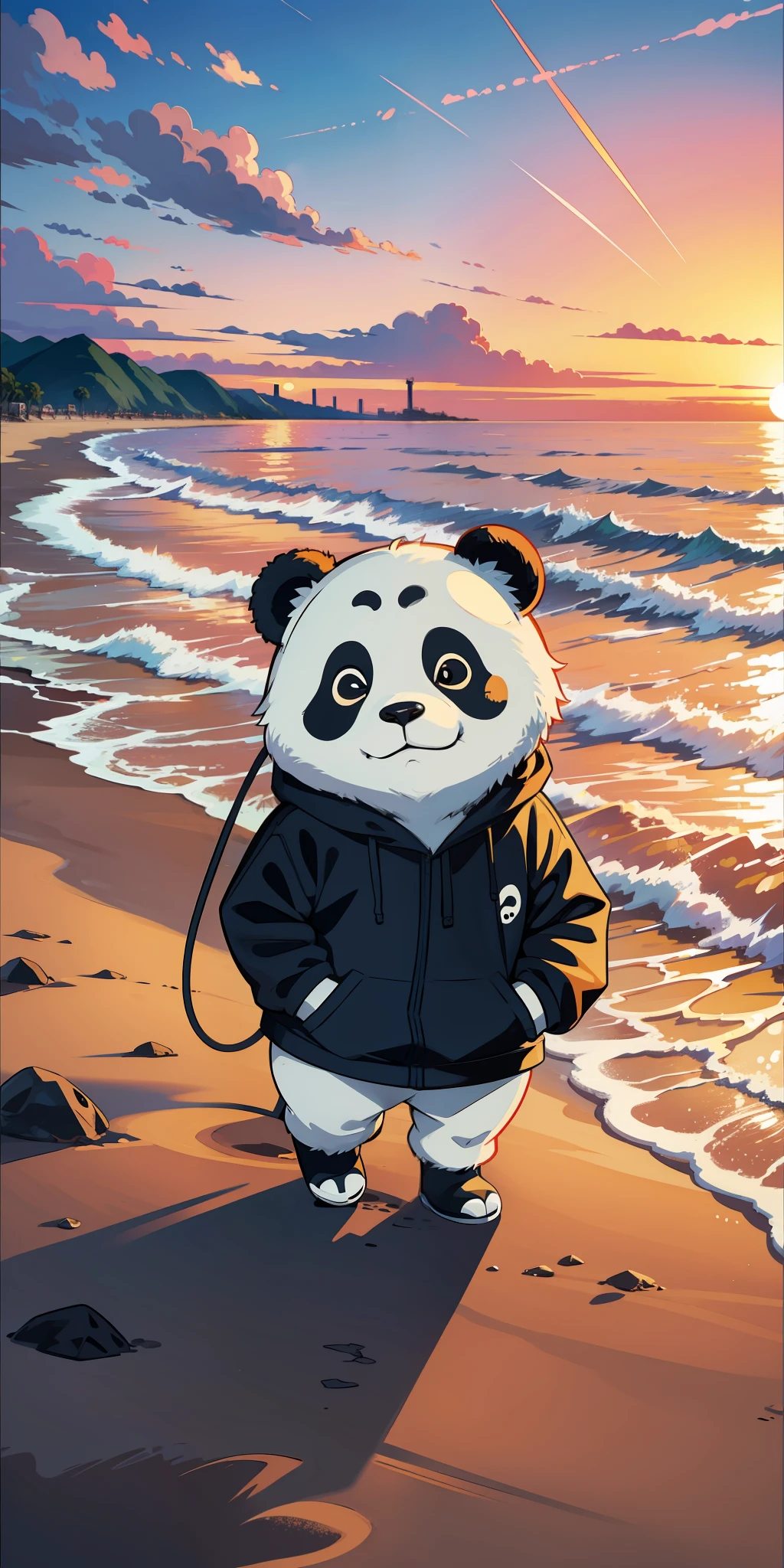 Create a cartoon-style panda with a headphone walking on a beach with a sunset --auto --s2