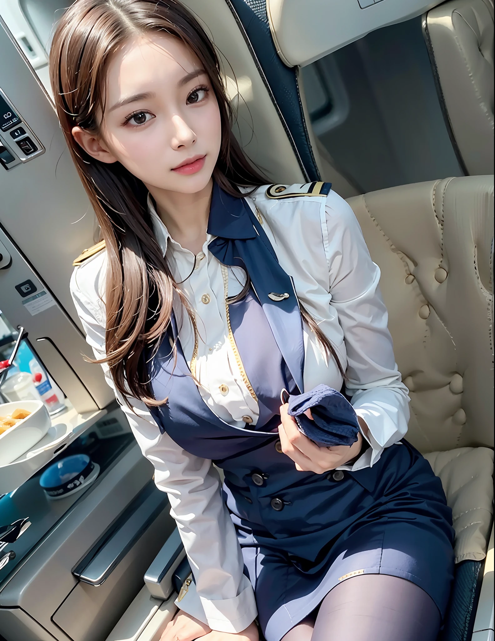 Ultra-realistic details, sharp focus, [(top quality, masterpiece, intricate detail: 1.3): 0.2], realistic and detailed skin, POV, viewer to see, one girl, pale skin tone, (slender body: 1.2), (middle chest: 1.5), big eyes, (idle: 1.2), (film grain: 1.5), DSLR, (f1.4, 1/800 sec, ISO 100, Photorealistic: 1.2), (Full Body: 1.2), (Stewardess: 1.3), On the plane, pantyhose, spread legs, Japan man, schoolgirl, baby face loli,, seduce man, smiling, body sexy, expression erotic, honey trap