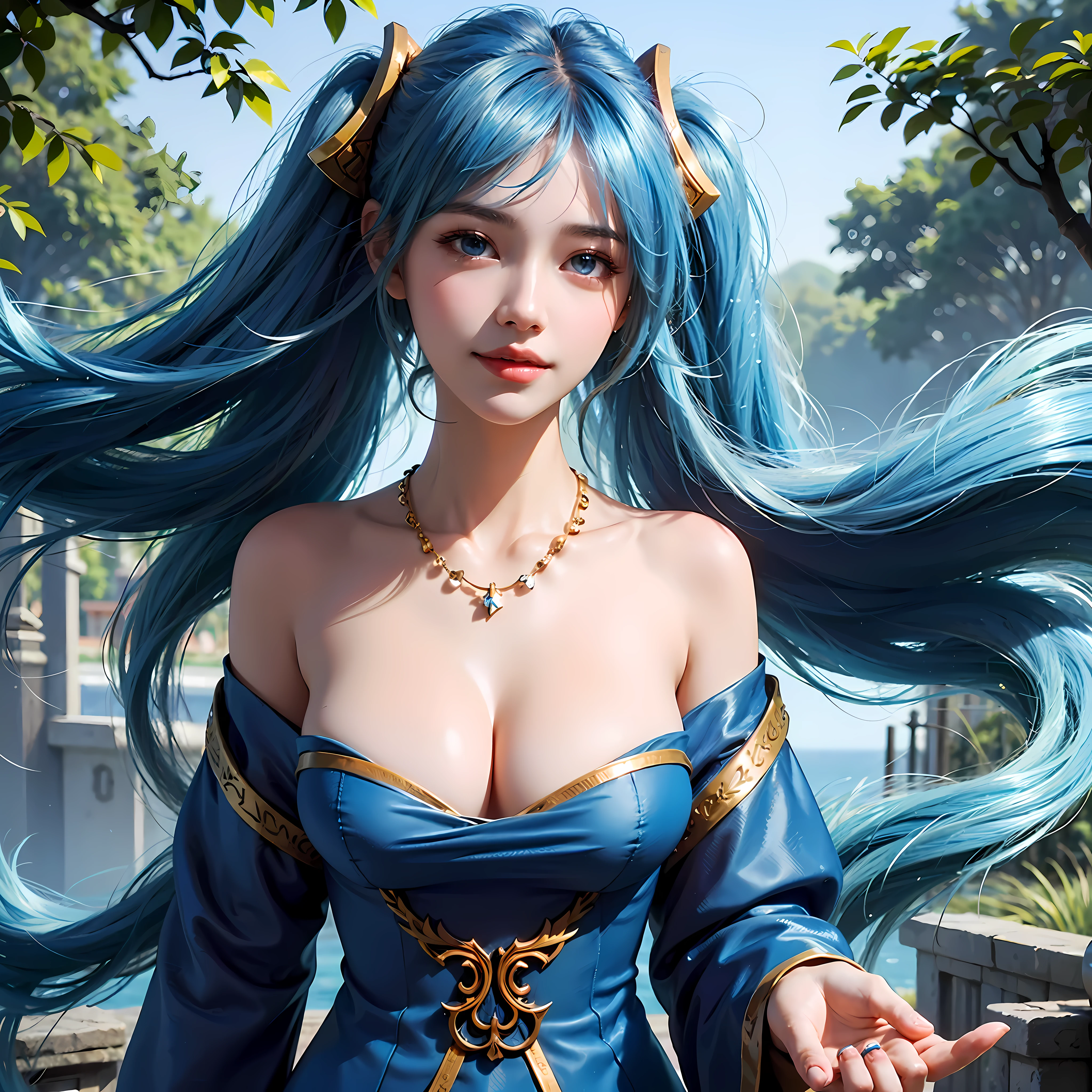 unparalleled masterpiece, ultra realistic 8k CG, perfect artwork, ((perfect female figure)),1girl, (ulzzang-6500:1), kpop idol, best quality, (looking at viewer:2),game cg,\nblurry background,outdoors,((( large breast,upper body,smile))) Sona \\(league of legends\\), blue hair, blue eyes, gradient hair, collarbone, twintails, hair ornament, long hair, blue dress, breasts, close-up, portrait,hair ornament,necklace, jewelry,gold trim on clothes,Beautiful face,